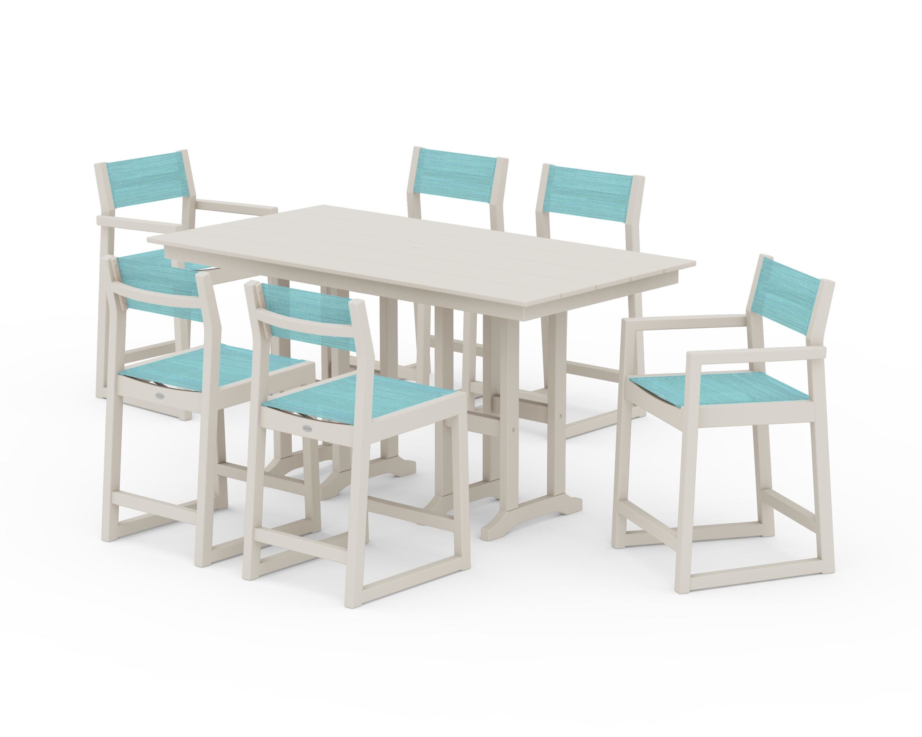 EDGE Sling 7-Piece Farmhouse Counter Set in Sand / Dupioni Aquamarine Sling