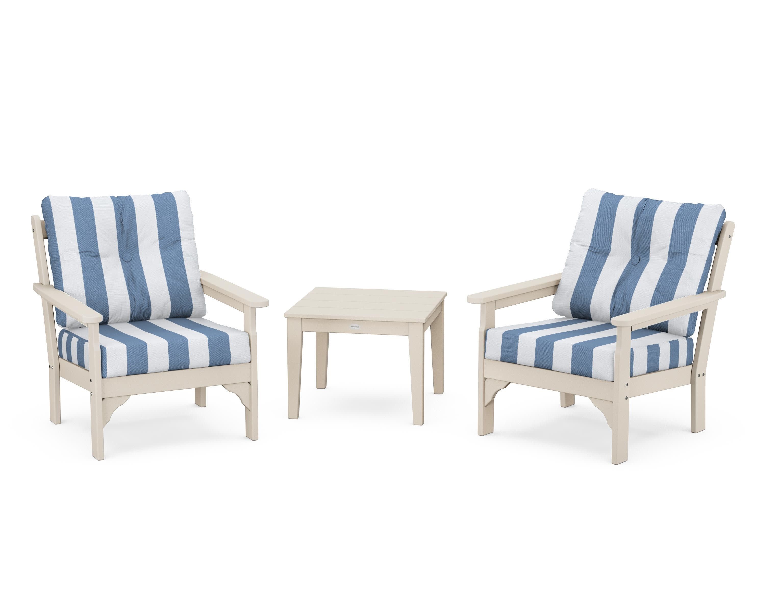 Vineyard 3-Piece Deep Seating Set in Sand / Cabana Stripe Sky Blue