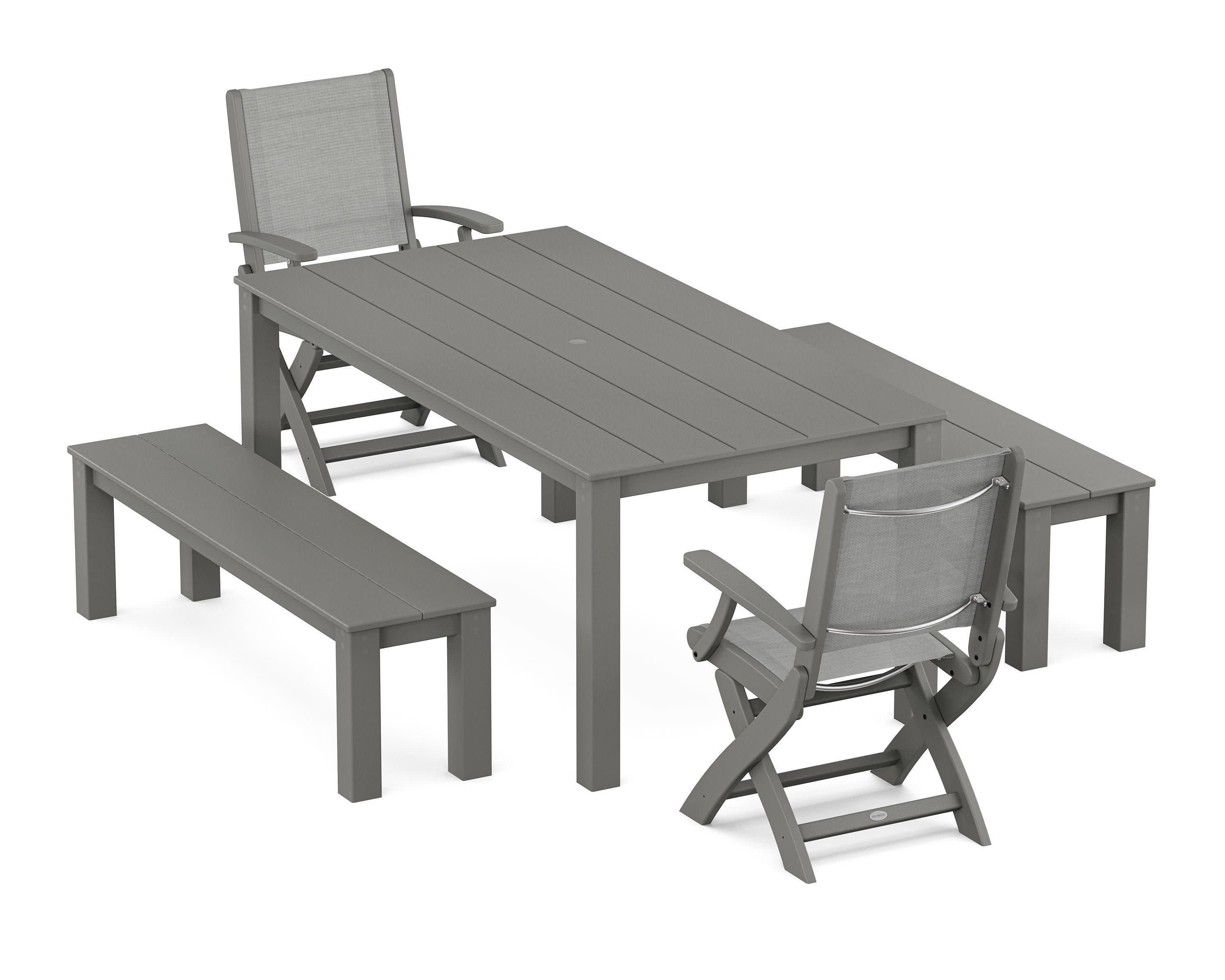 Coastal Folding Chair 5-Piece Parsons Dining Set with Benches in Slate Grey / Metallic Sling