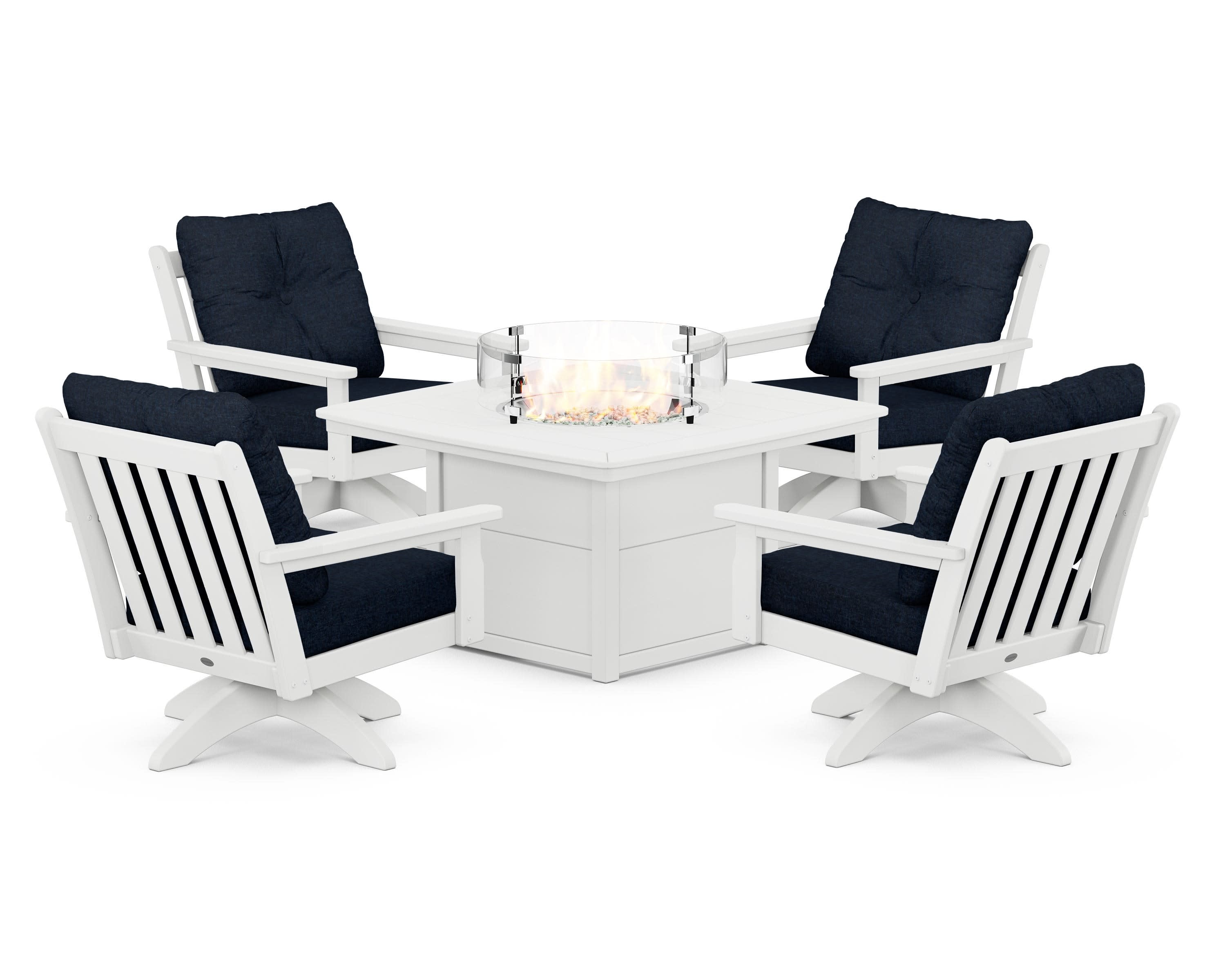 Vineyard 5-Piece Deep Seating Swivel Conversation Set with Fire Pit Table in White / Marine Indigo