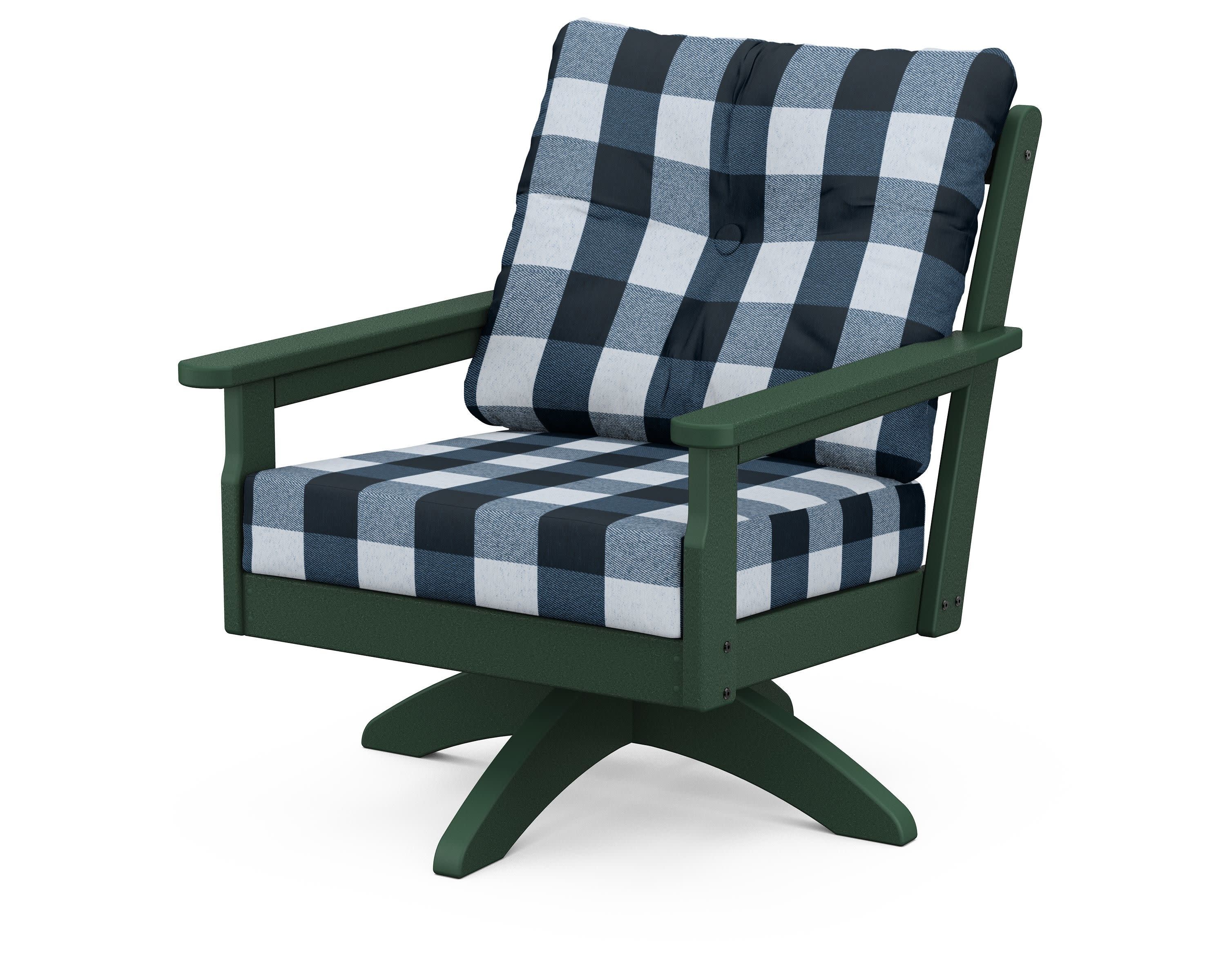 Vineyard Deep Seating Swivel Chair in Green / Buffalo Plaid Marine Indigo