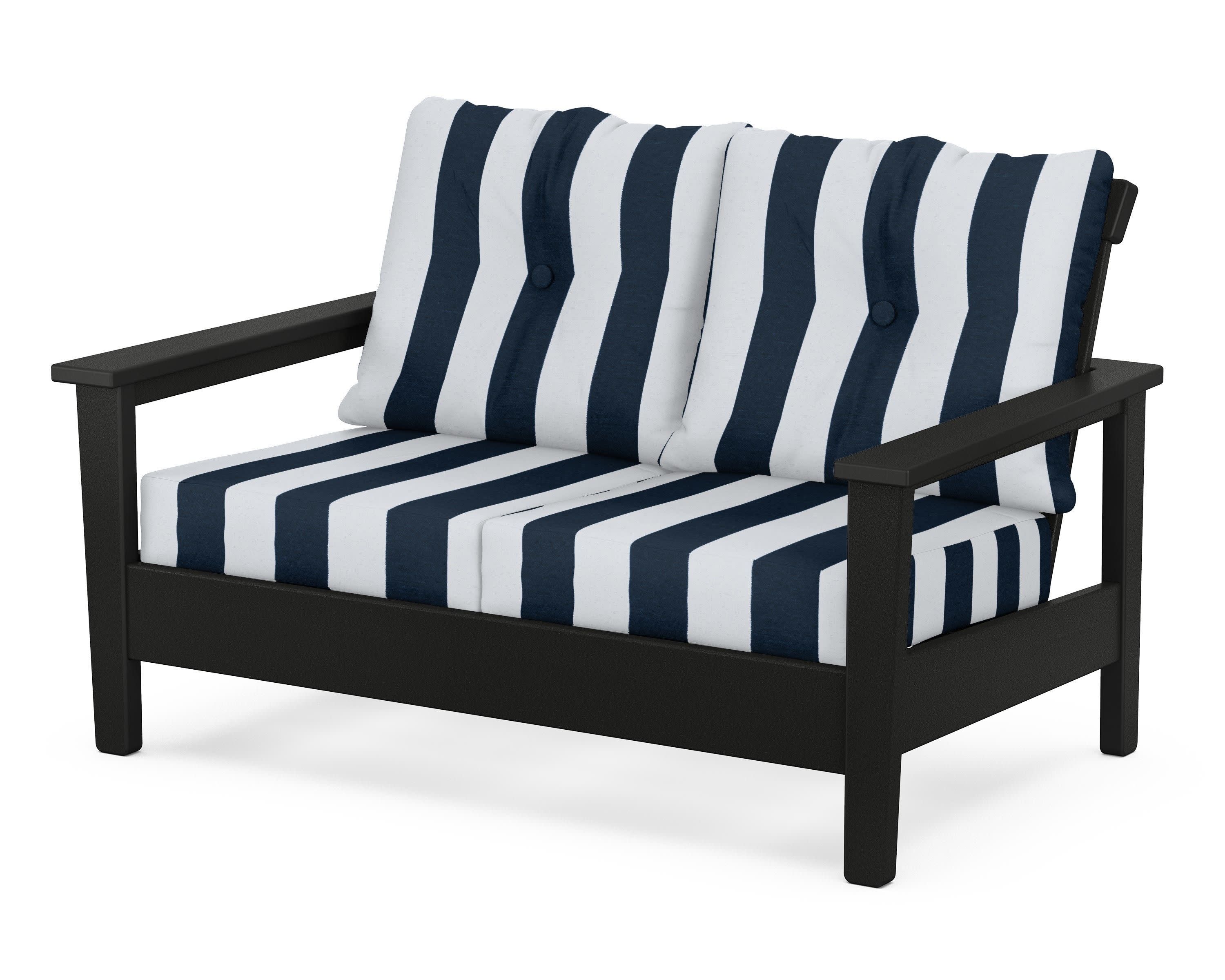 Prescott Deep Seating Loveseat in Black / Cabana Stripe Marine Indigo