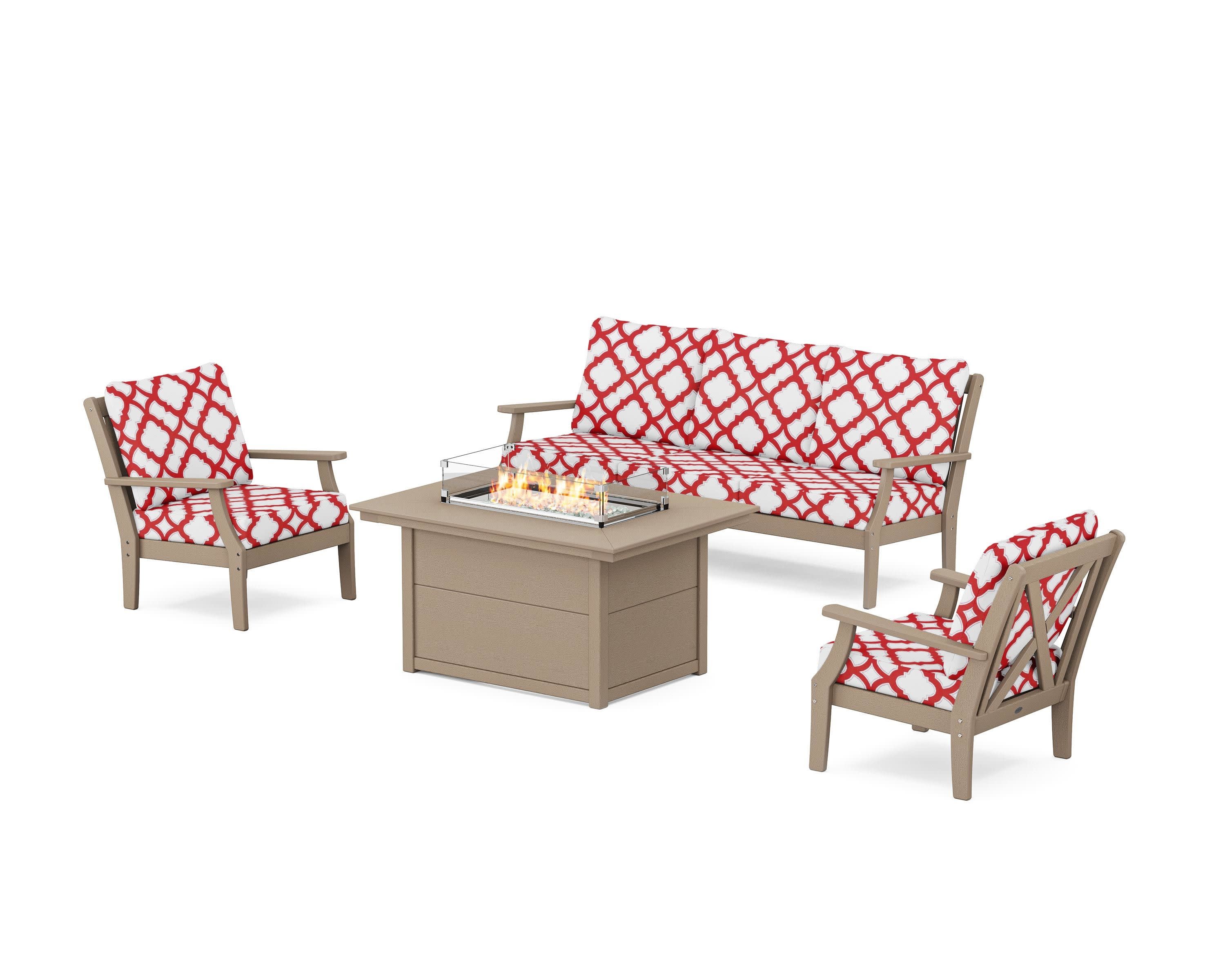 Braxton Deep Seating Fire Pit Table Set in Vintage Sahara / Trellis Crimson