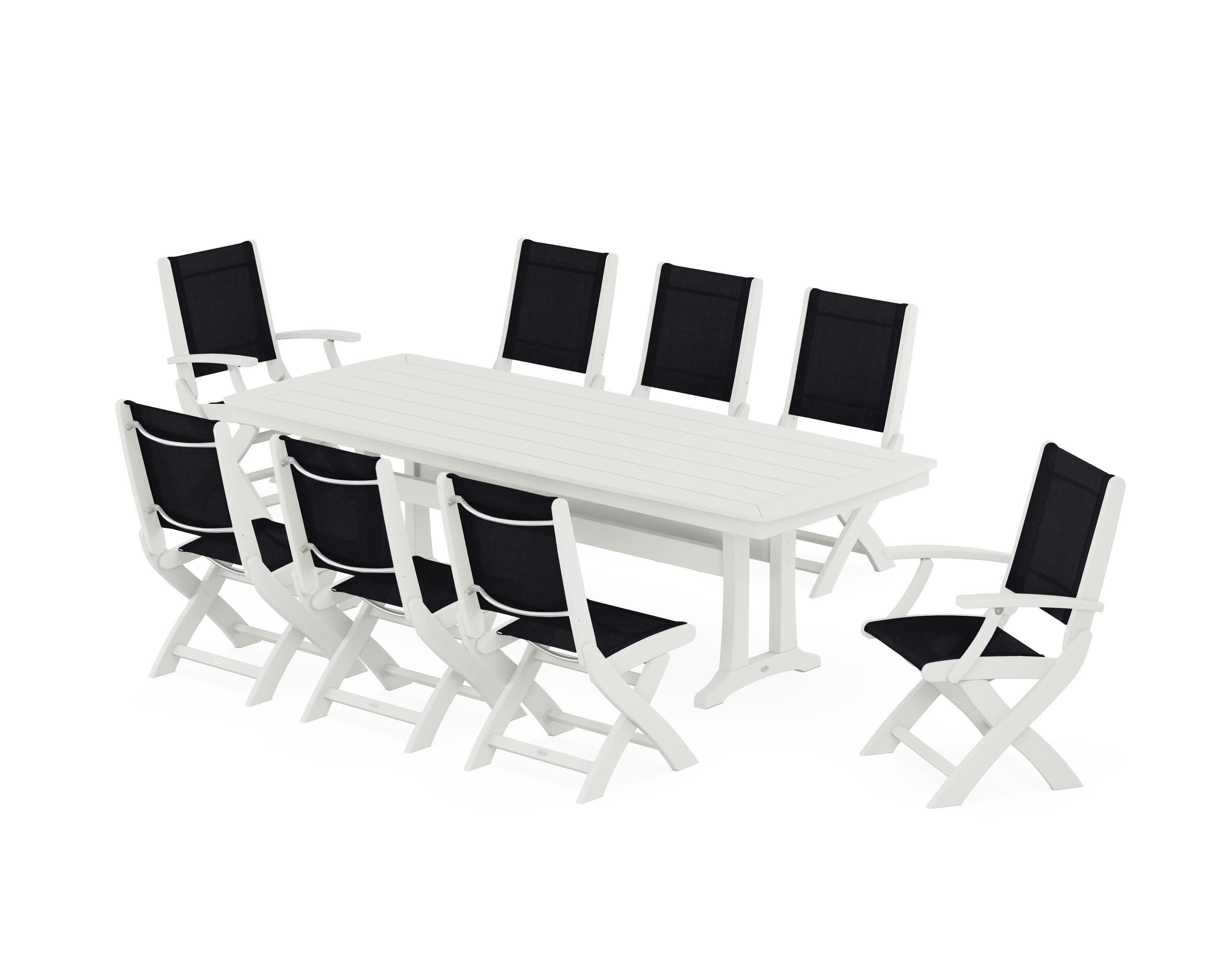 Coastal Folding 9-Piece Dining Set with Trestle Legs in Vintage White / Black Sling