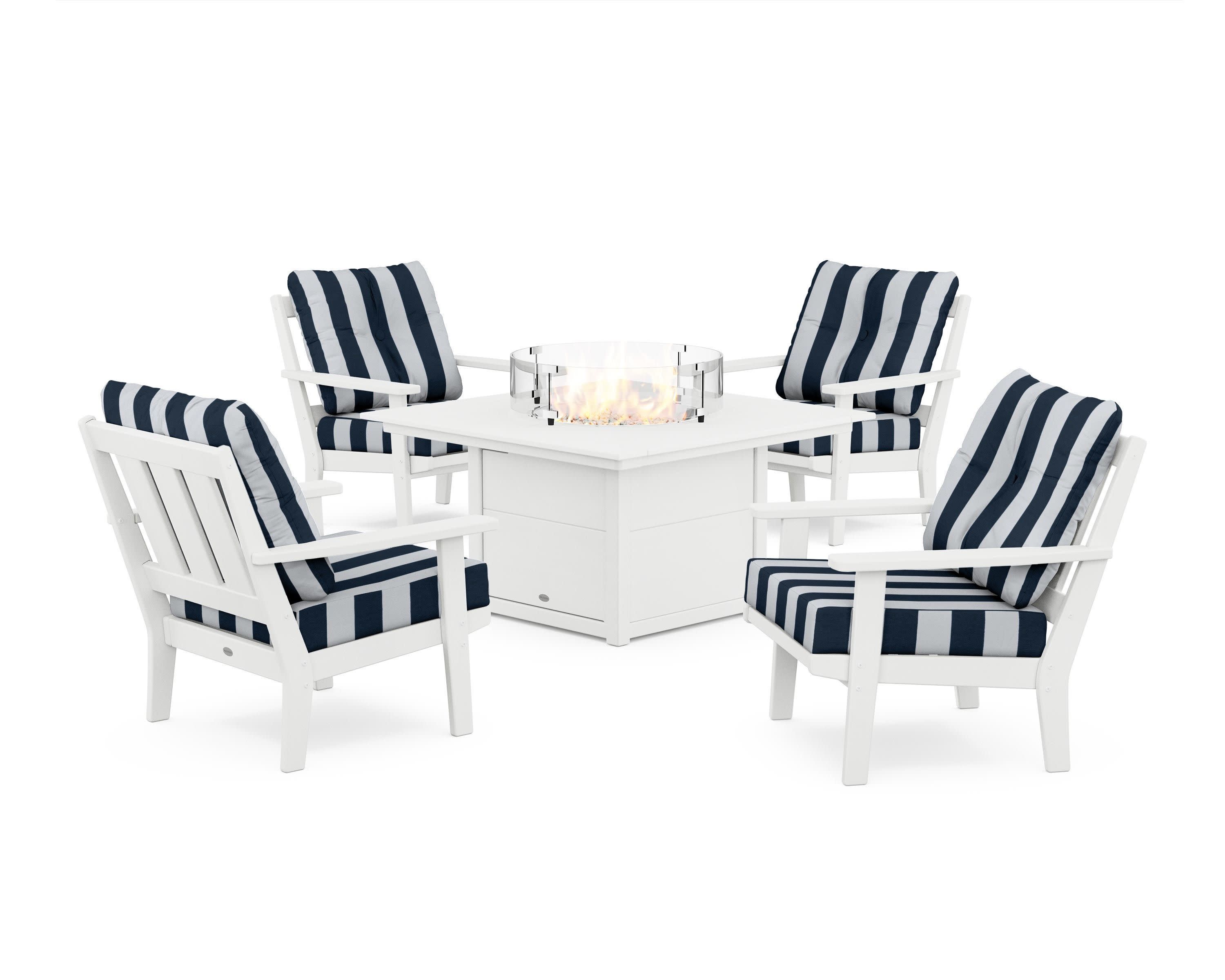 Oxford 5-Piece Deep Seating Set with Fire Pit Table in White / Cabana Stripe Marine Indigo