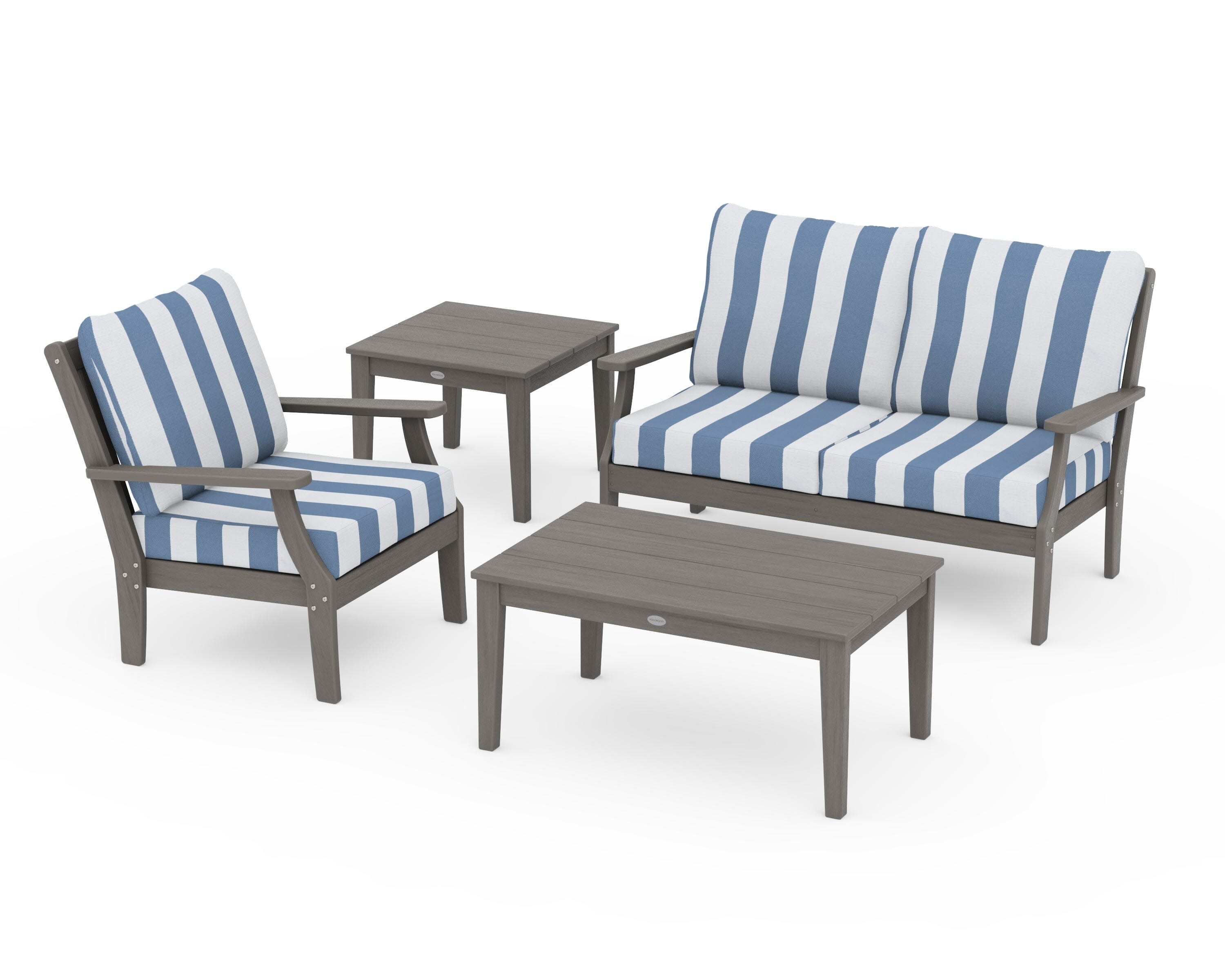 Braxton 4-Piece Deep Seating Set in Driftwood / Cabana Stripe Sky Blue