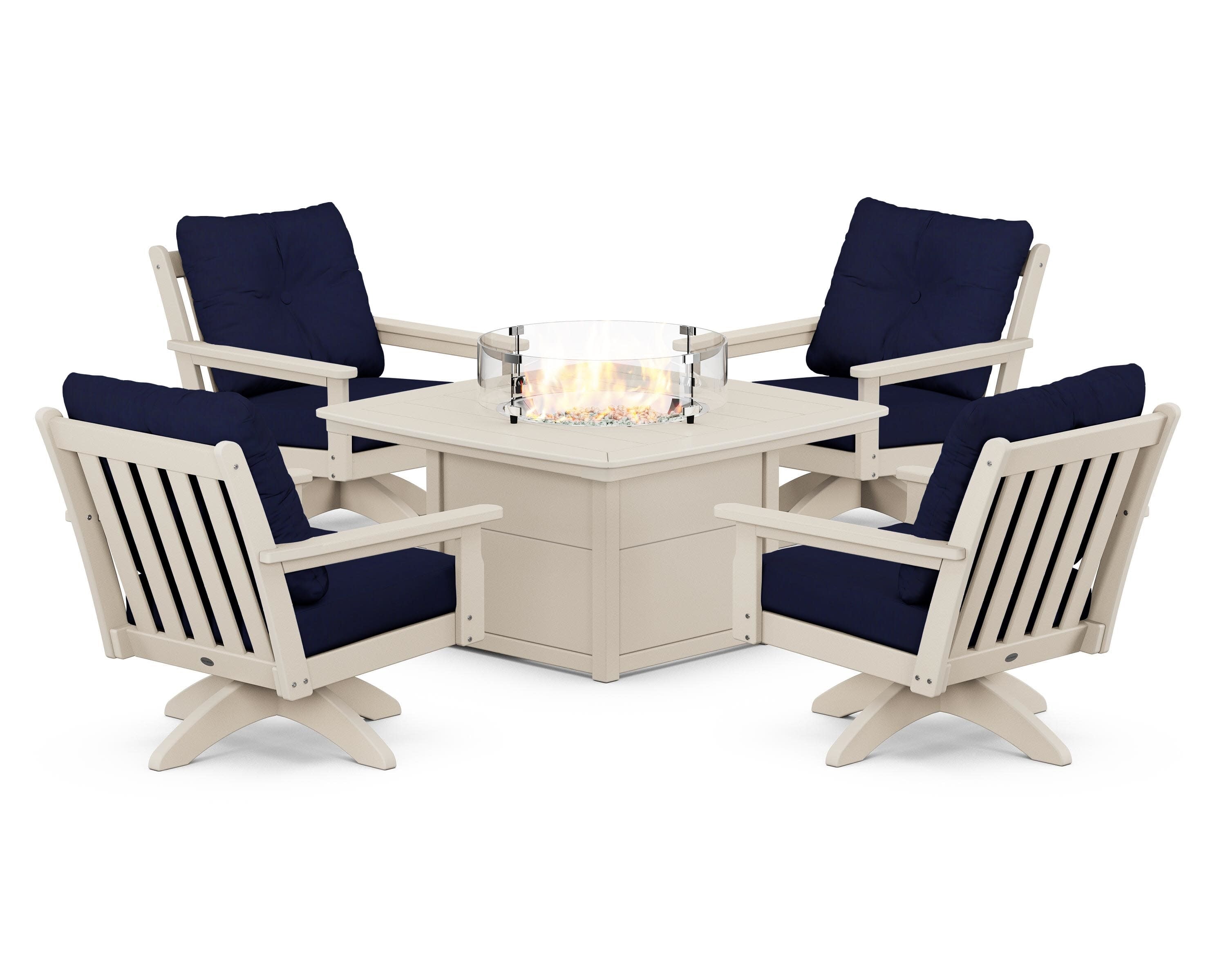 Vineyard 5-Piece Deep Seating Swivel Conversation Set with Fire Pit Table in Sand / Navy