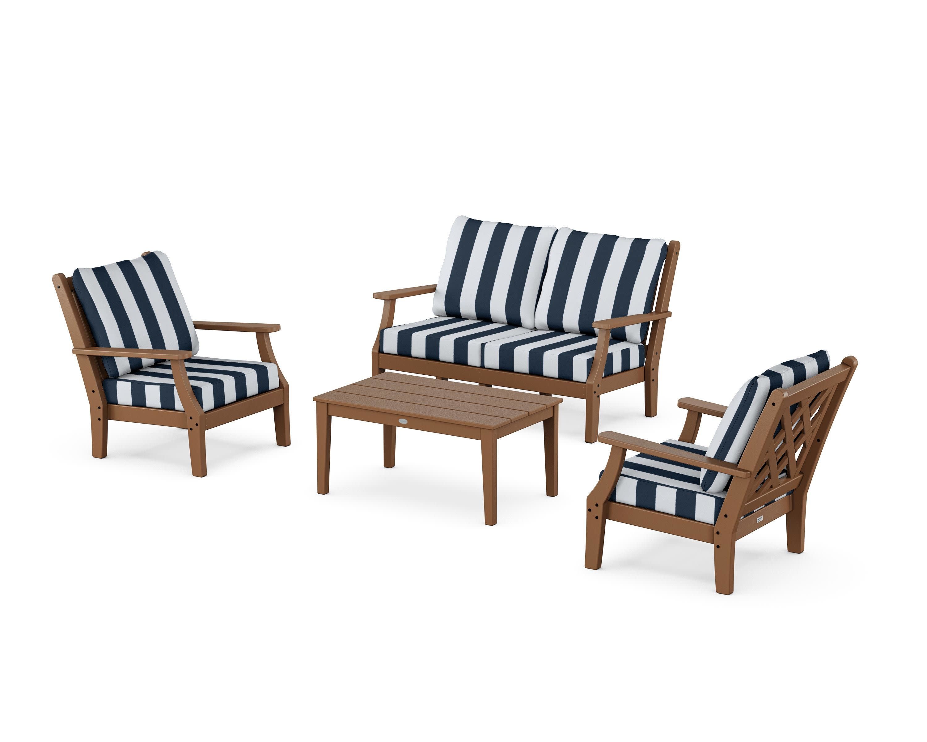 Wovendale 4-Piece Deep Seating Set with Loveseat in Teak / Cabana Stripe Marine Indigo