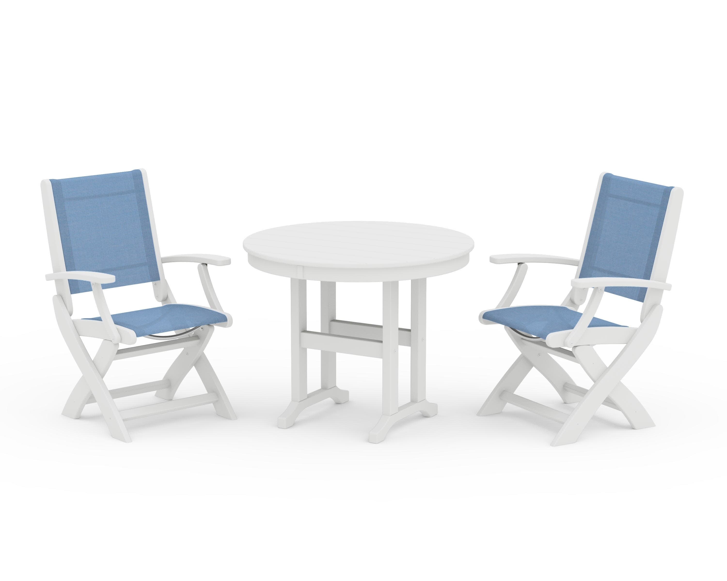 Coastal Folding Chair 3-Piece Round Dining Set in White / Poolside Sling