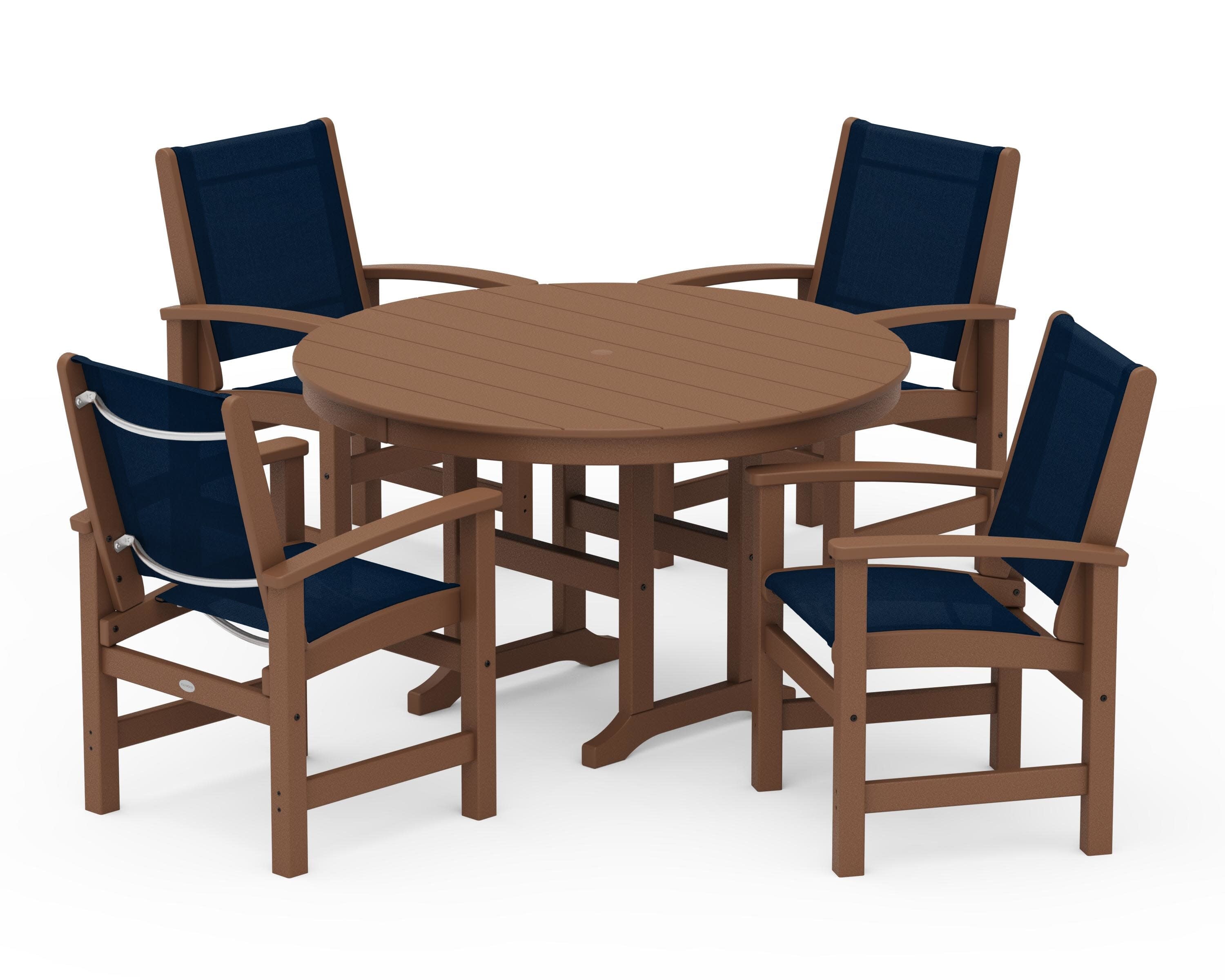 Coastal 5-Piece Round Farmhouse Dining Set in Teak / Navy Blue Sling