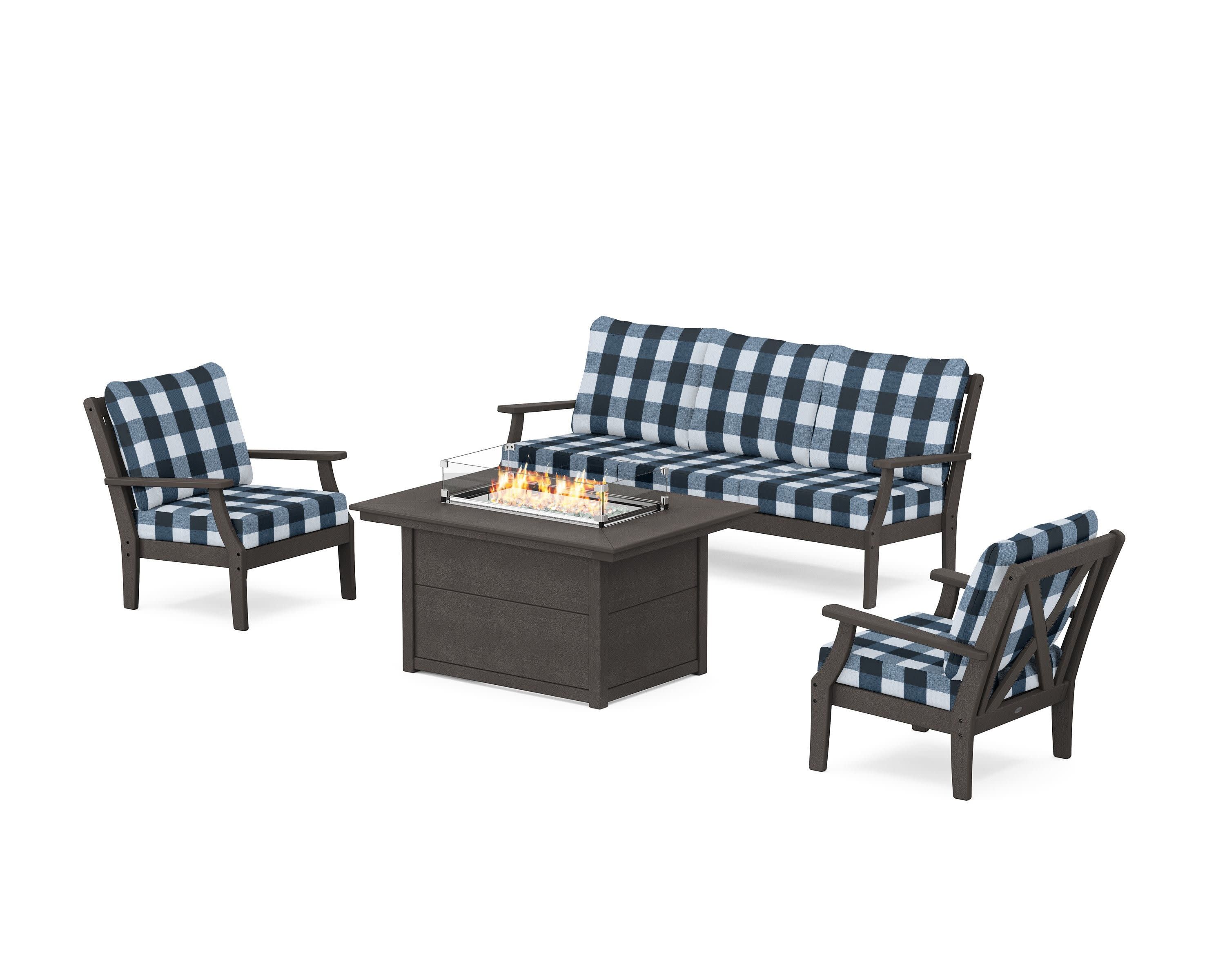Braxton Deep Seating Fire Pit Table Set in Vintage Coffee / Buffalo Plaid Marine Indigo