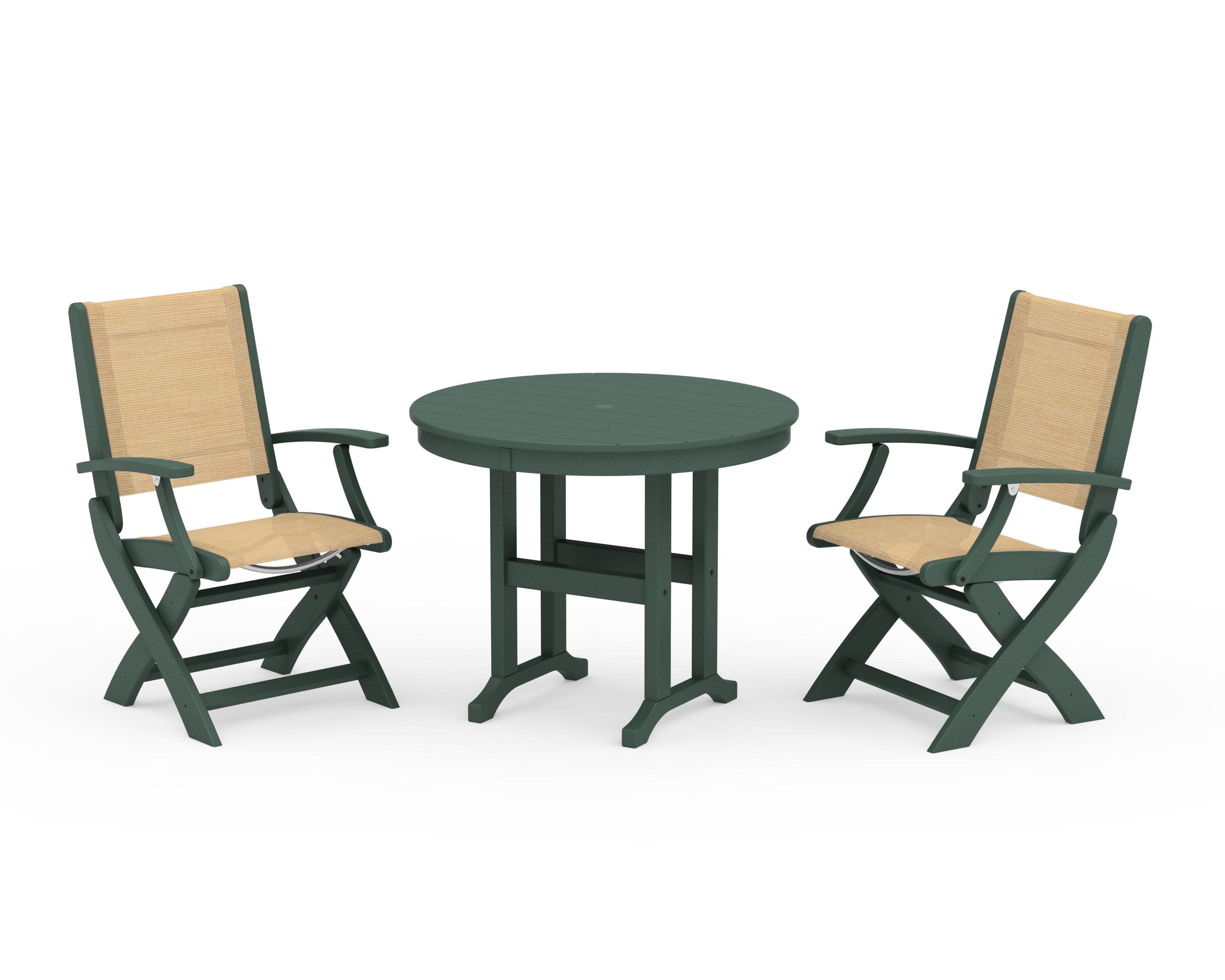 Coastal Folding Chair 3-Piece Round Dining Set in Green / Dupioni Apricot Sling