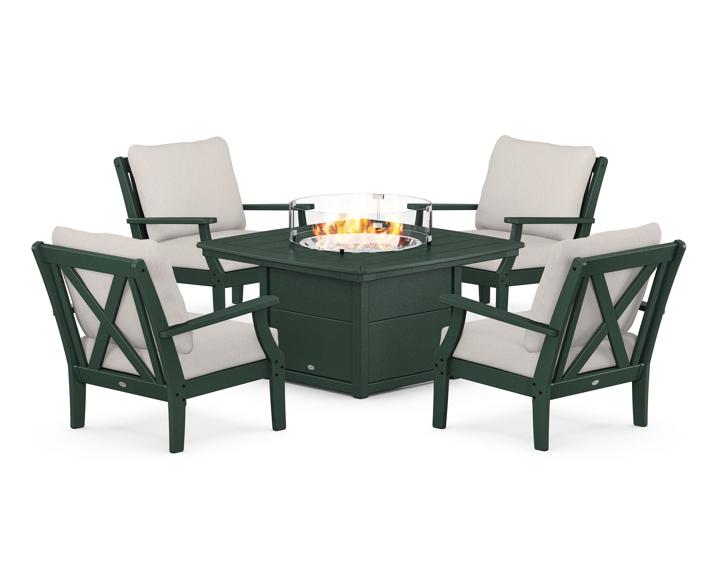 Braxton 5-Piece Deep Seating Conversation Set with Fire Pit Table in Green / Cast Ash