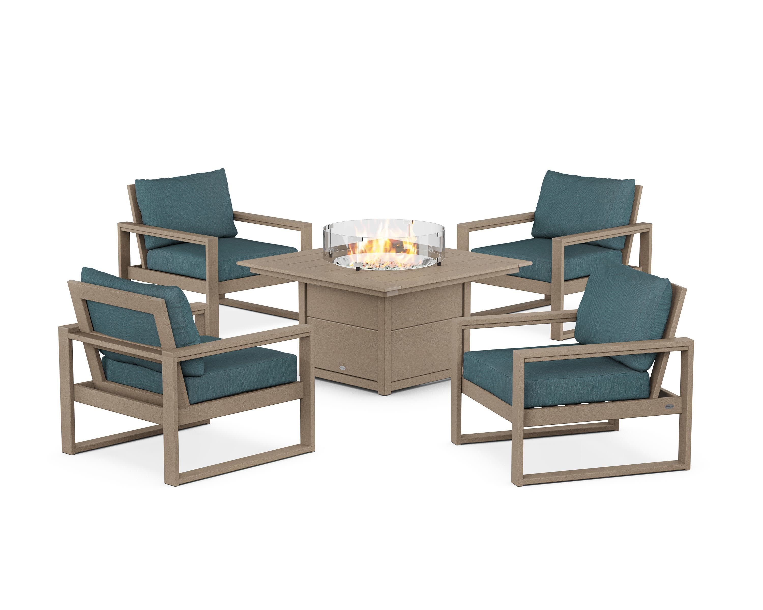 EDGE Sectional 5-Piece Deep Seating Set with Fire Pit Table in Vintage Sahara / Ocean Teal