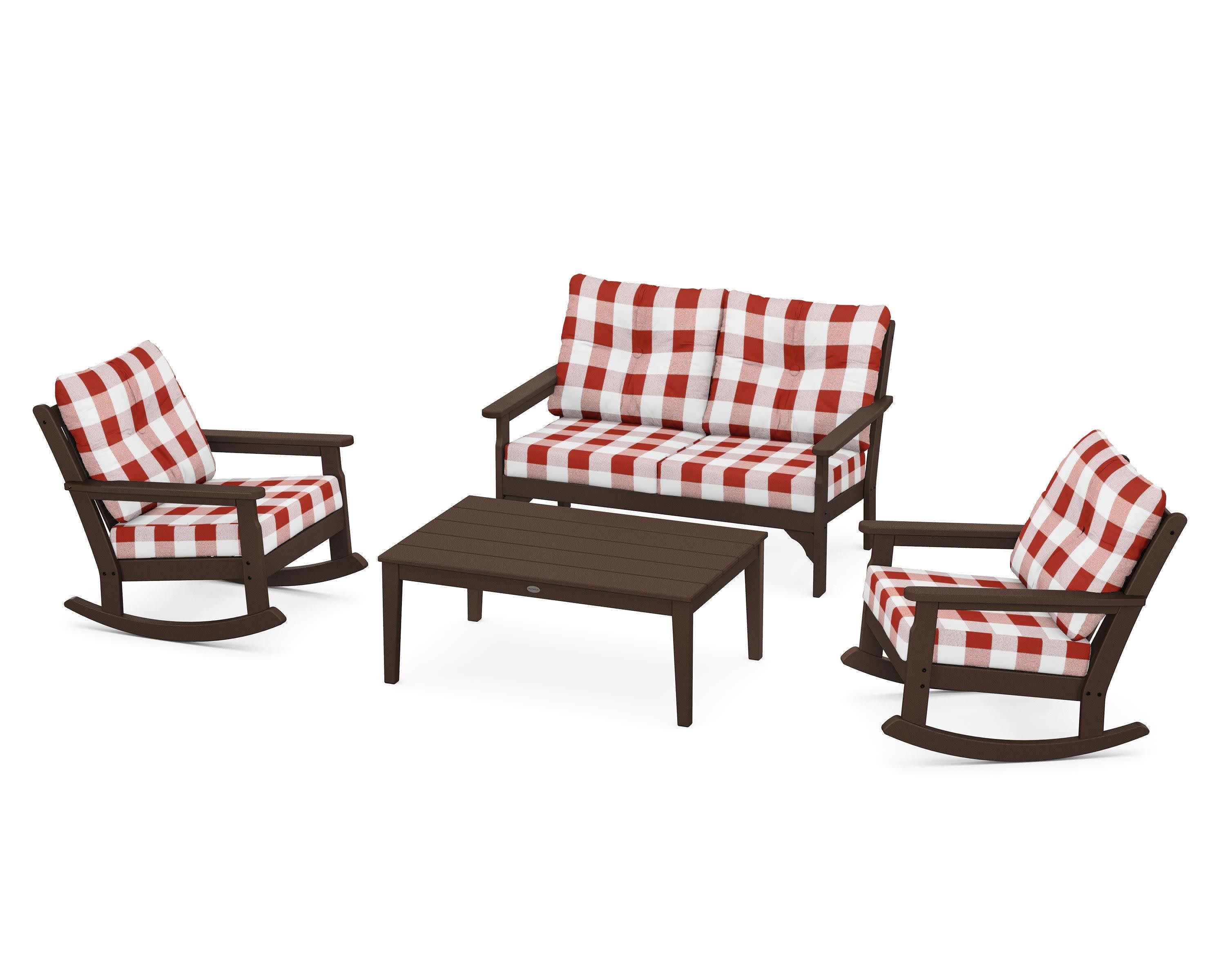 Vineyard 4-Piece Deep Seating Rocking Chair Set in Mahogany / Buffalo Plaid Crimson