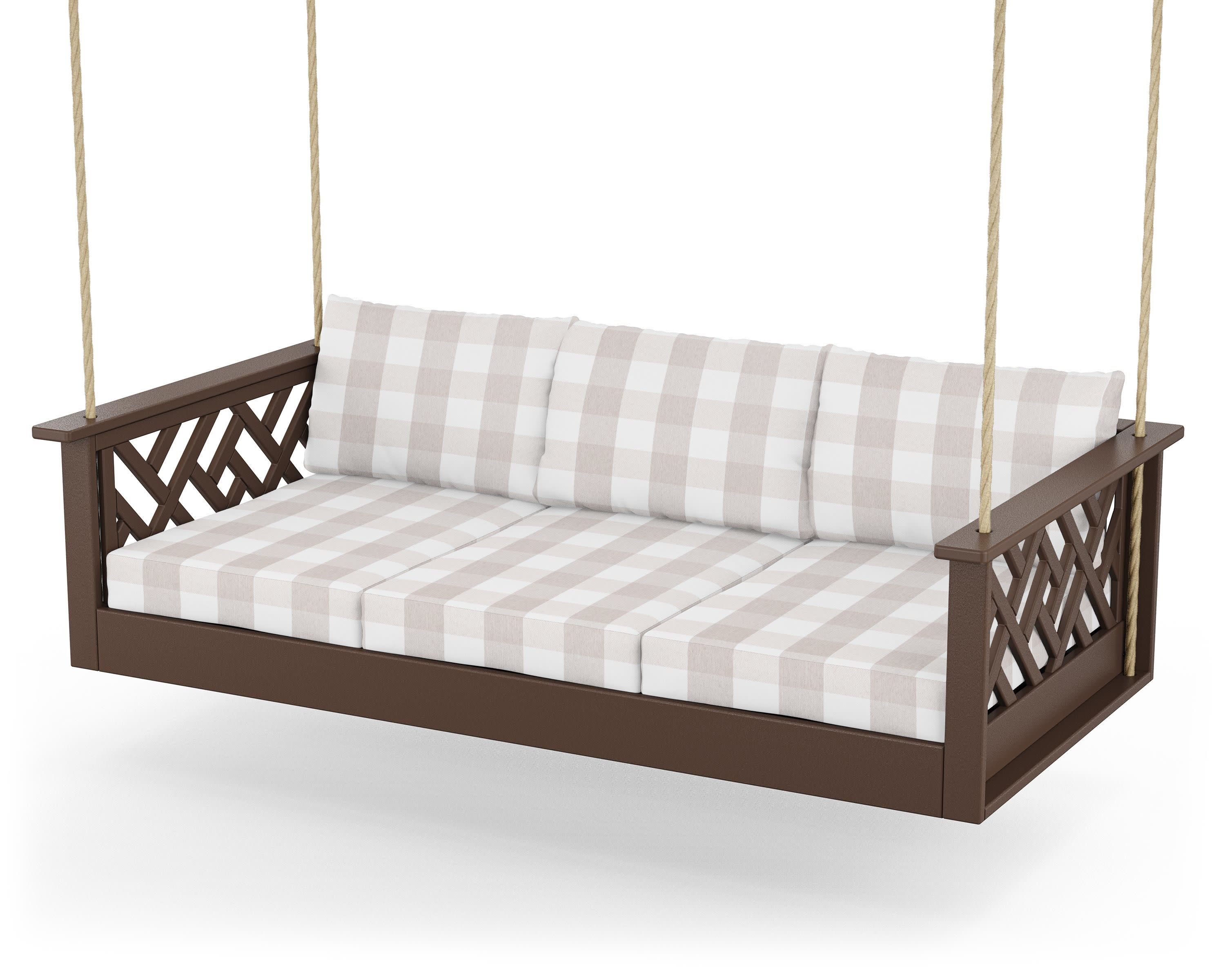 Chippendale Daybed Swing in Mahogany / Buffalo Plaid Dune Burlap