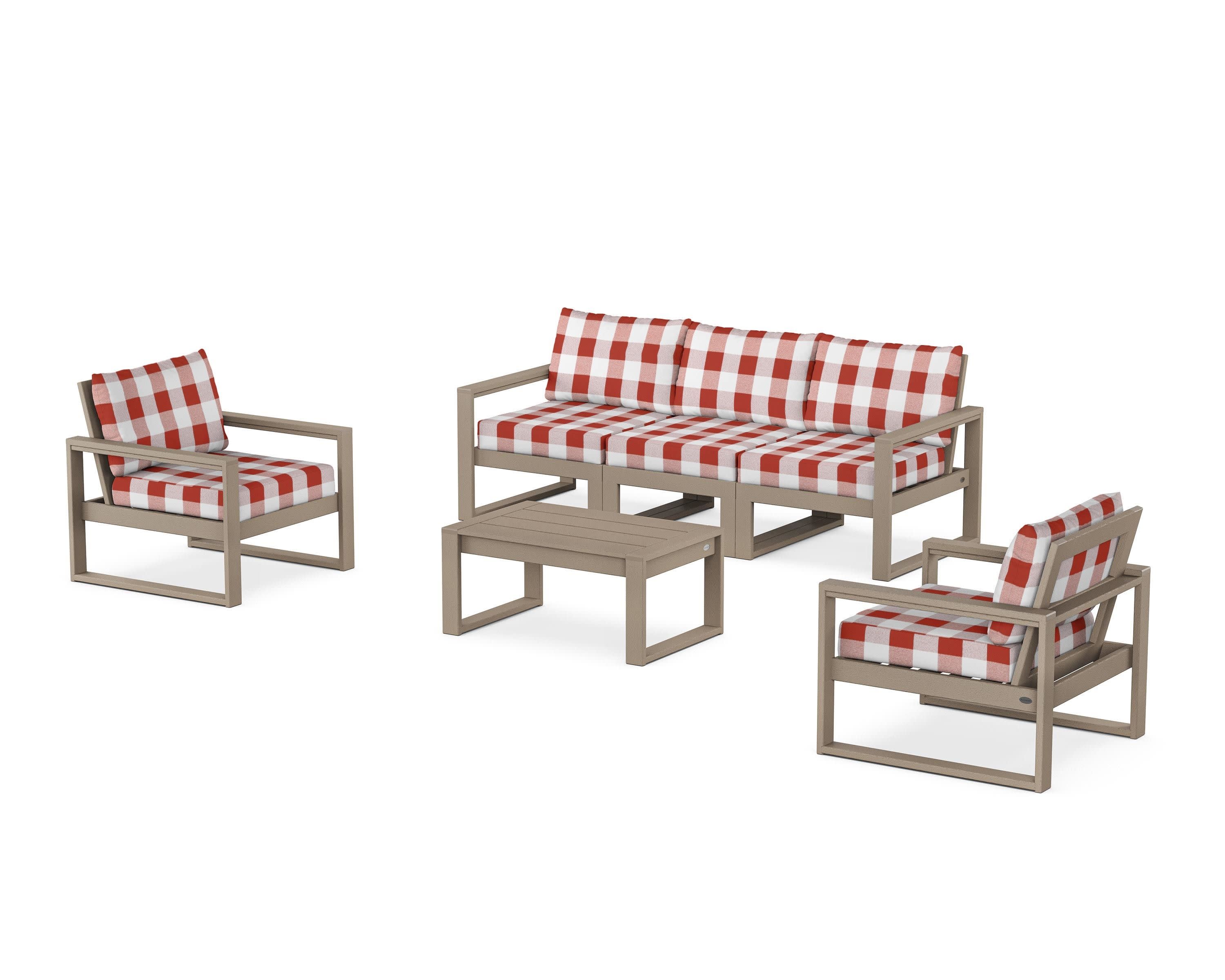 EDGE Sectional 4-Piece Deep Seating Set with Sofa in Vintage Sahara / Buffalo Plaid Crimson