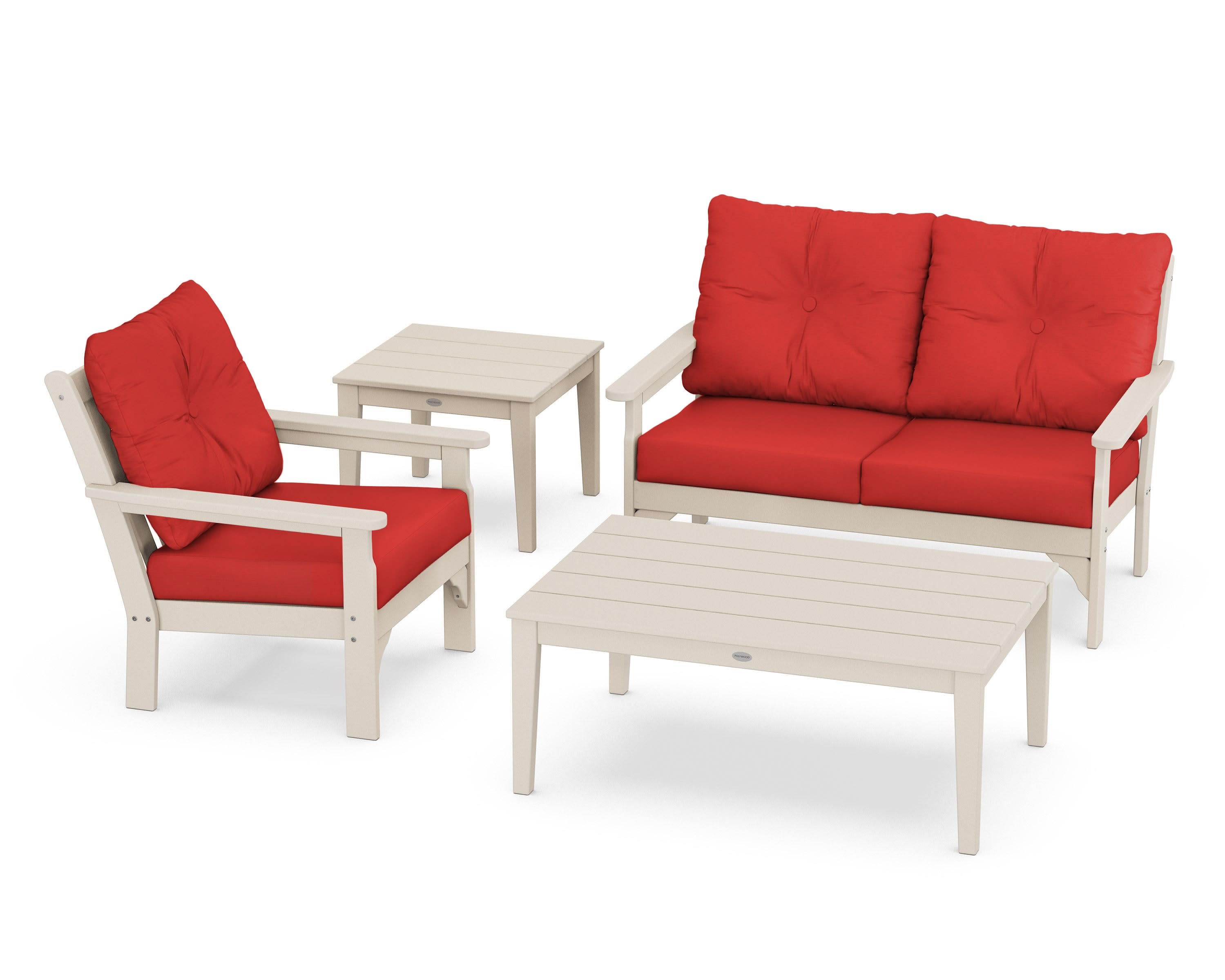 Vineyard 4-Piece Deep Seating Set in Sand / Crimson Linen