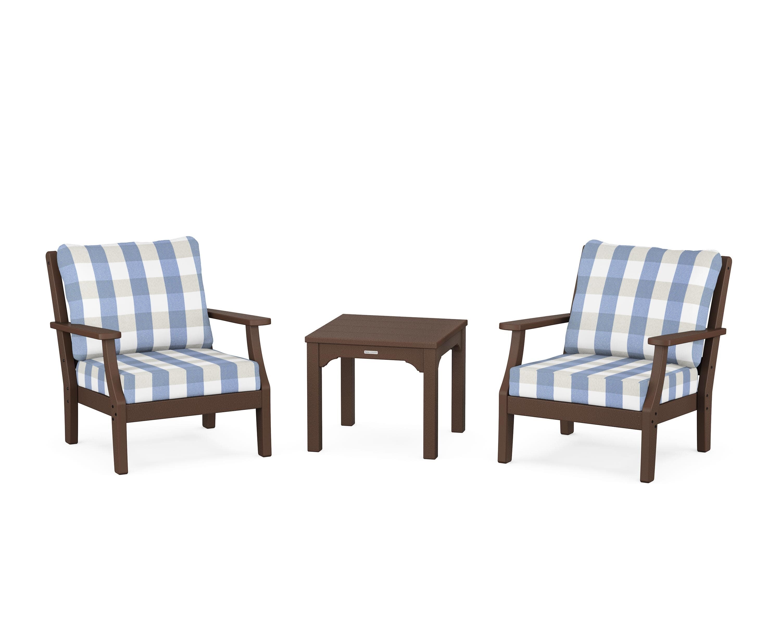 Chinoiserie 3-Piece Deep Seating Set in Mahogany / Buffalo Plaid Sky Blue