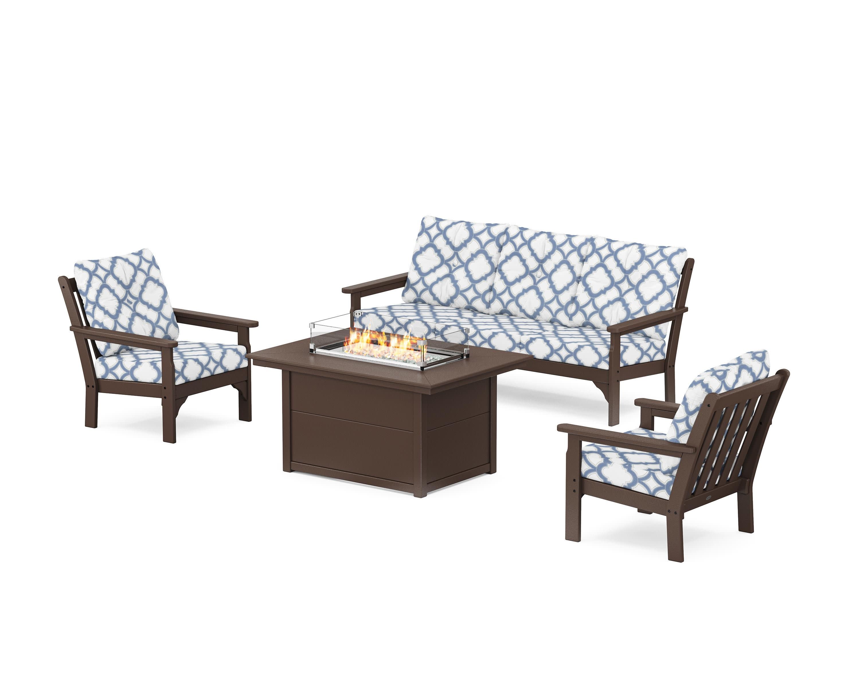 Vineyard Deep Seating Fire Pit Table Set in Mahogany / Trellis Sky Blue