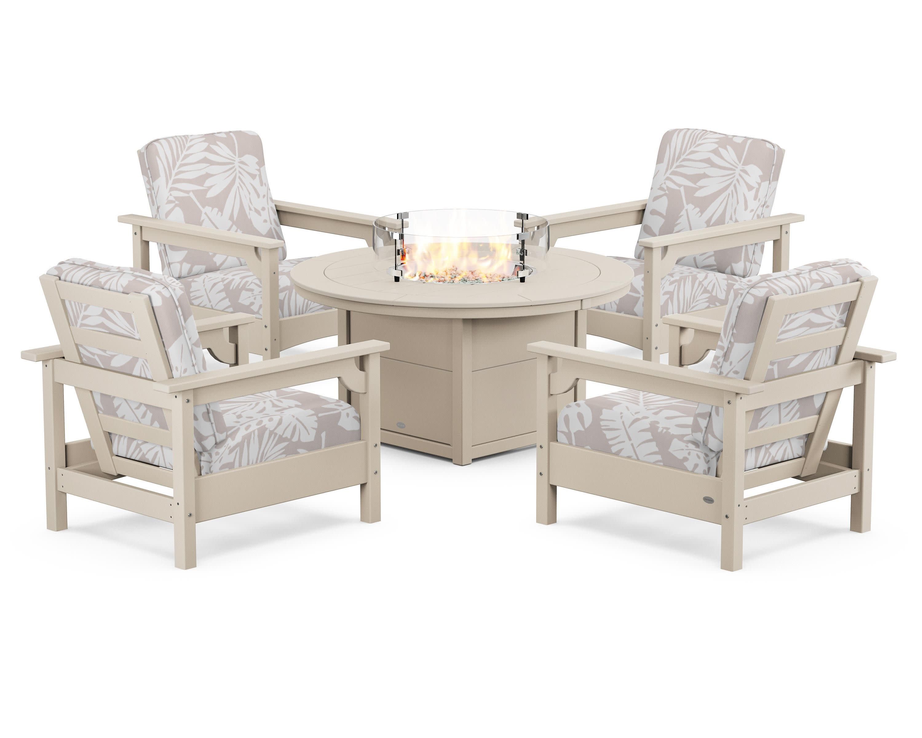 Club 5-Piece Conversation Set with Fire Pit Table in Sand / Leaf Dune Burlap