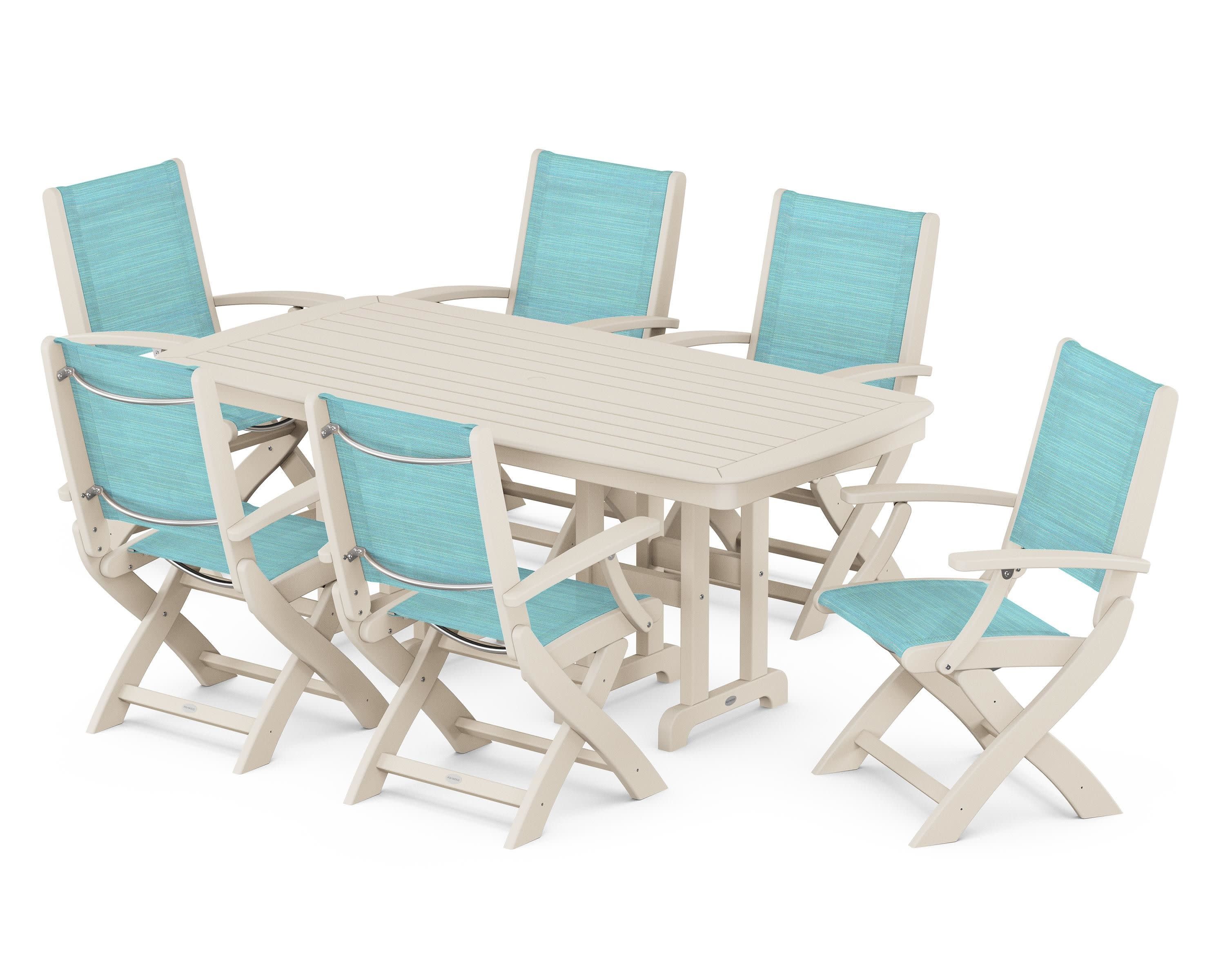 Coastal Folding Arm Chair 7-Piece Dining Set in Sand / Dupioni Aquamarine Sling