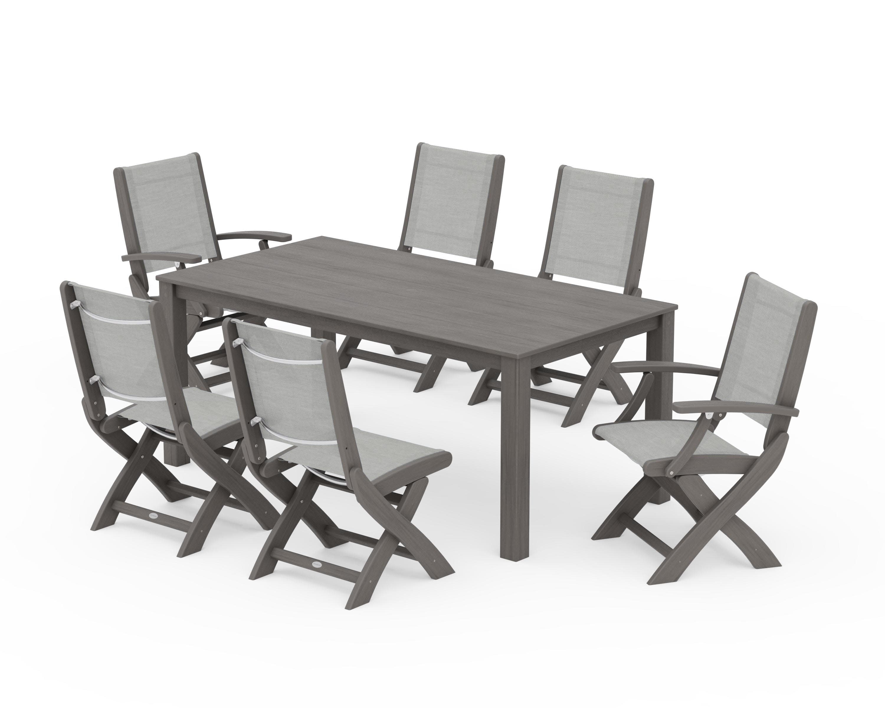 Coastal Folding Chair 7-Piece Parsons Dining Set in Driftwood / Metallic Sling