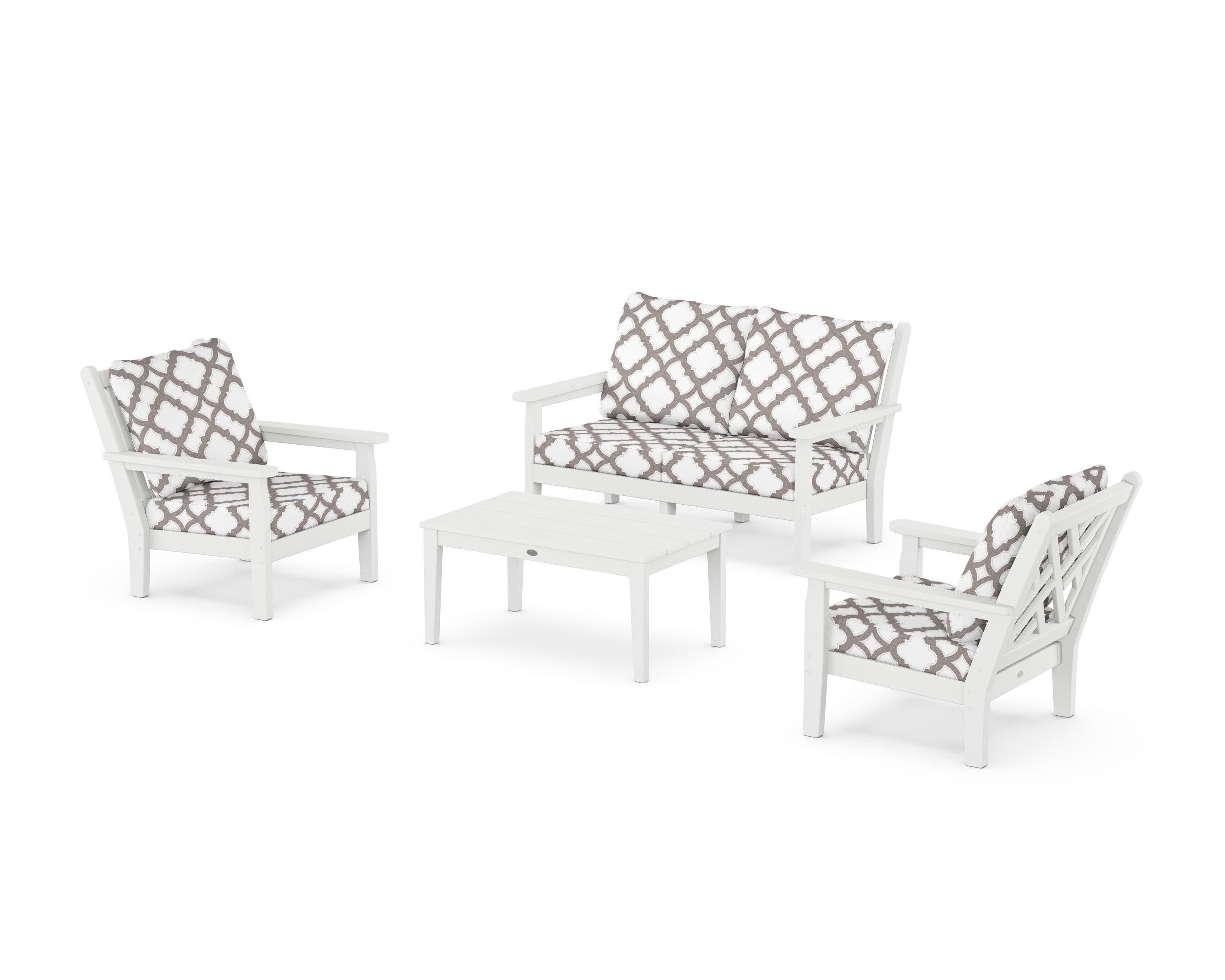 Chippendale 4-Piece Deep Seating Set with Loveseat in White / Trellis Grey Mist