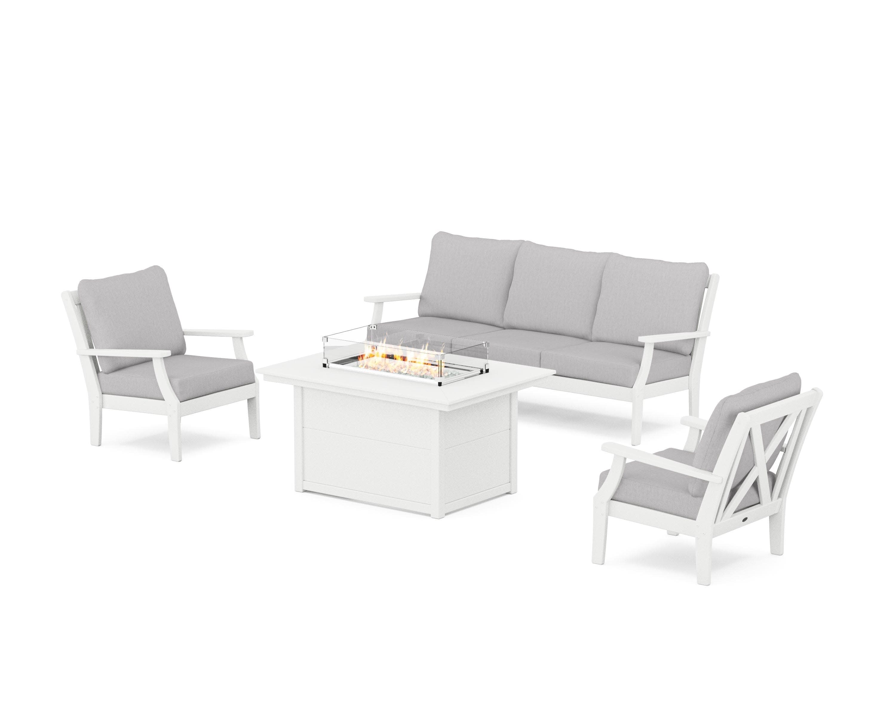 Braxton Deep Seating Fire Pit Table Set in White / Granite