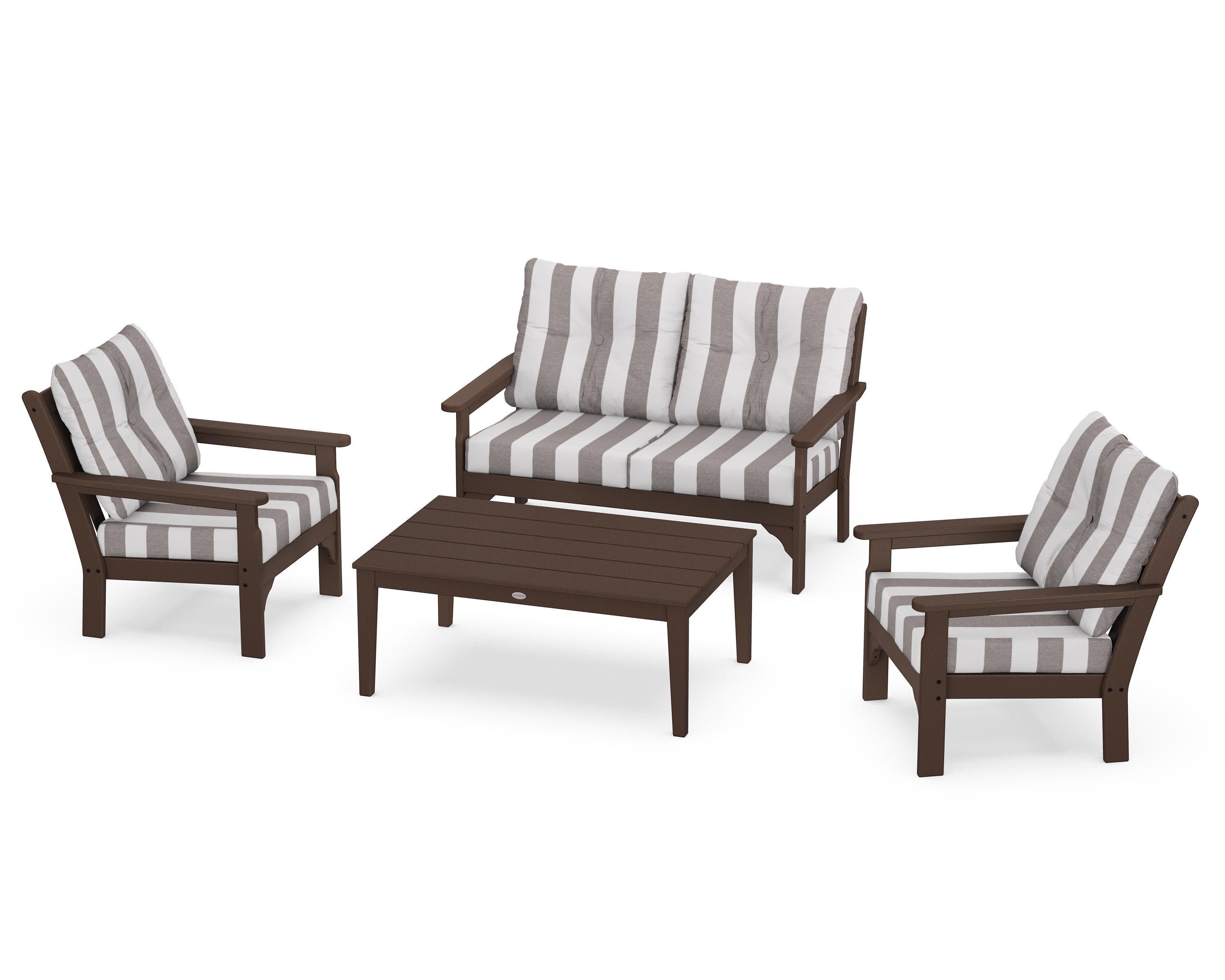 Vineyard 4-Piece Deep Seating Set in Mahogany / Cabana Stripe Grey Mist