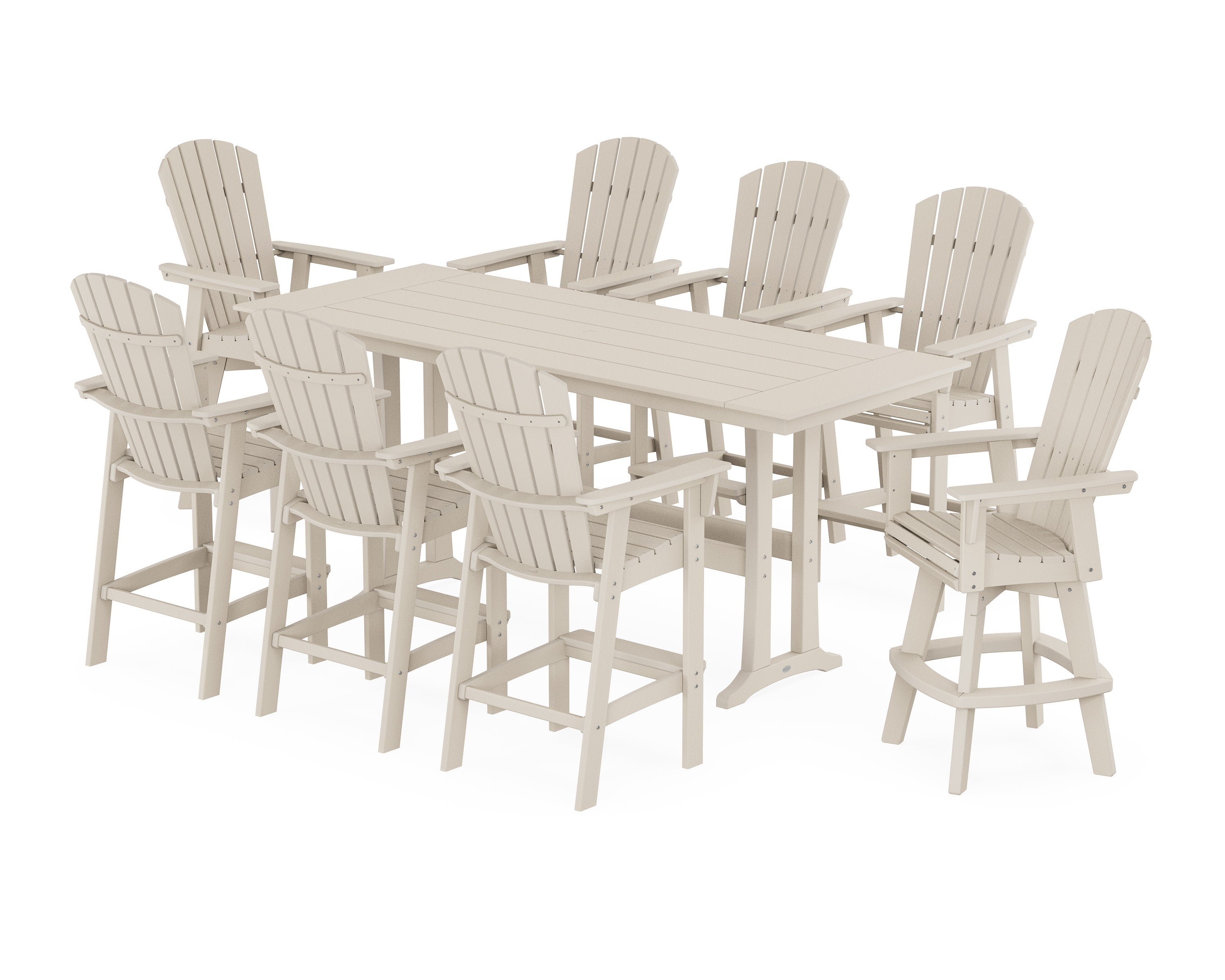 Nautical Curveback Adirondack Swivel Chair 9-Piece Farmhouse Bar Set with Trestle Legs in Sand