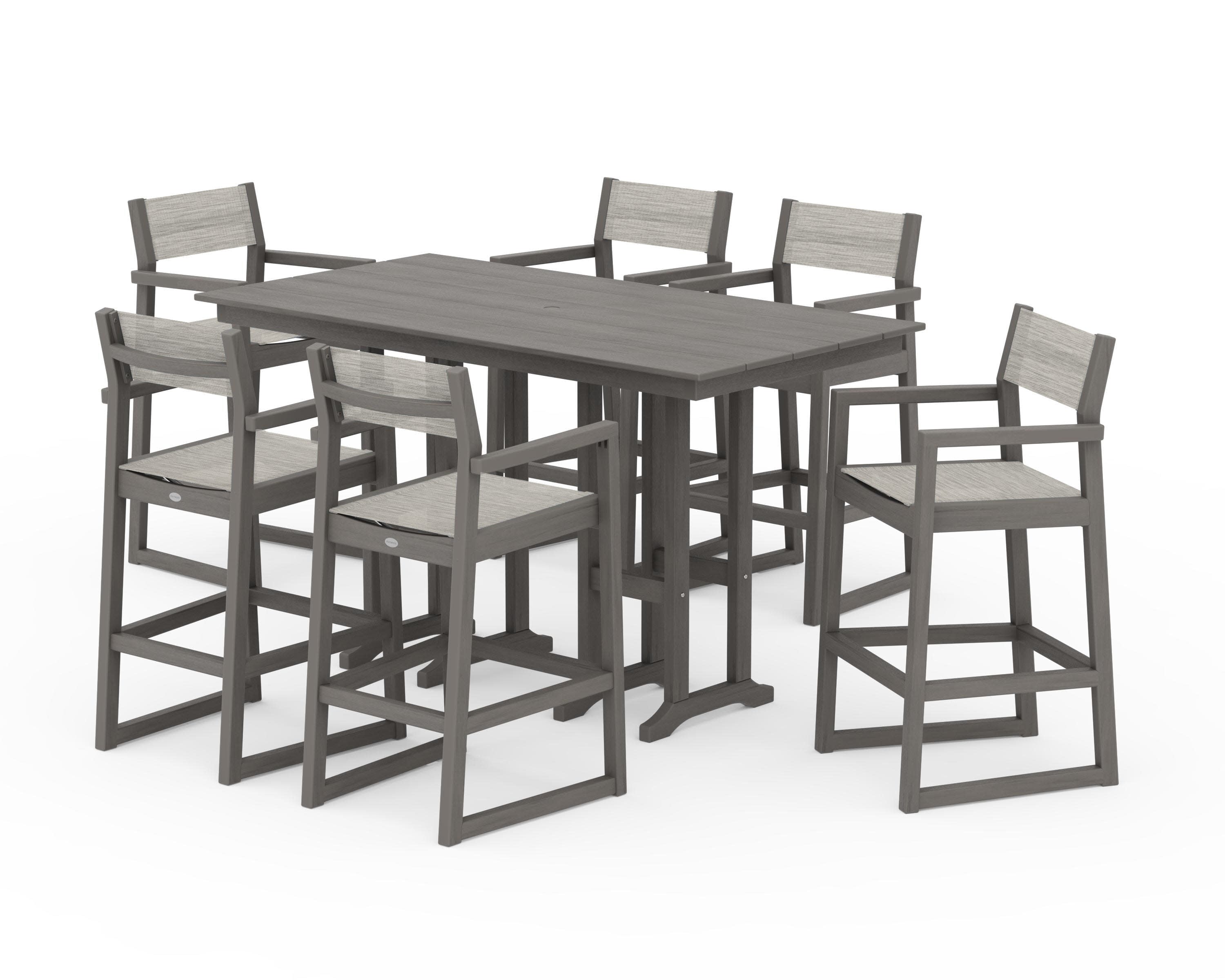 EDGE Sling Arm Chair 7-Piece Farmhouse Bar Set in Driftwood / Birch Sling