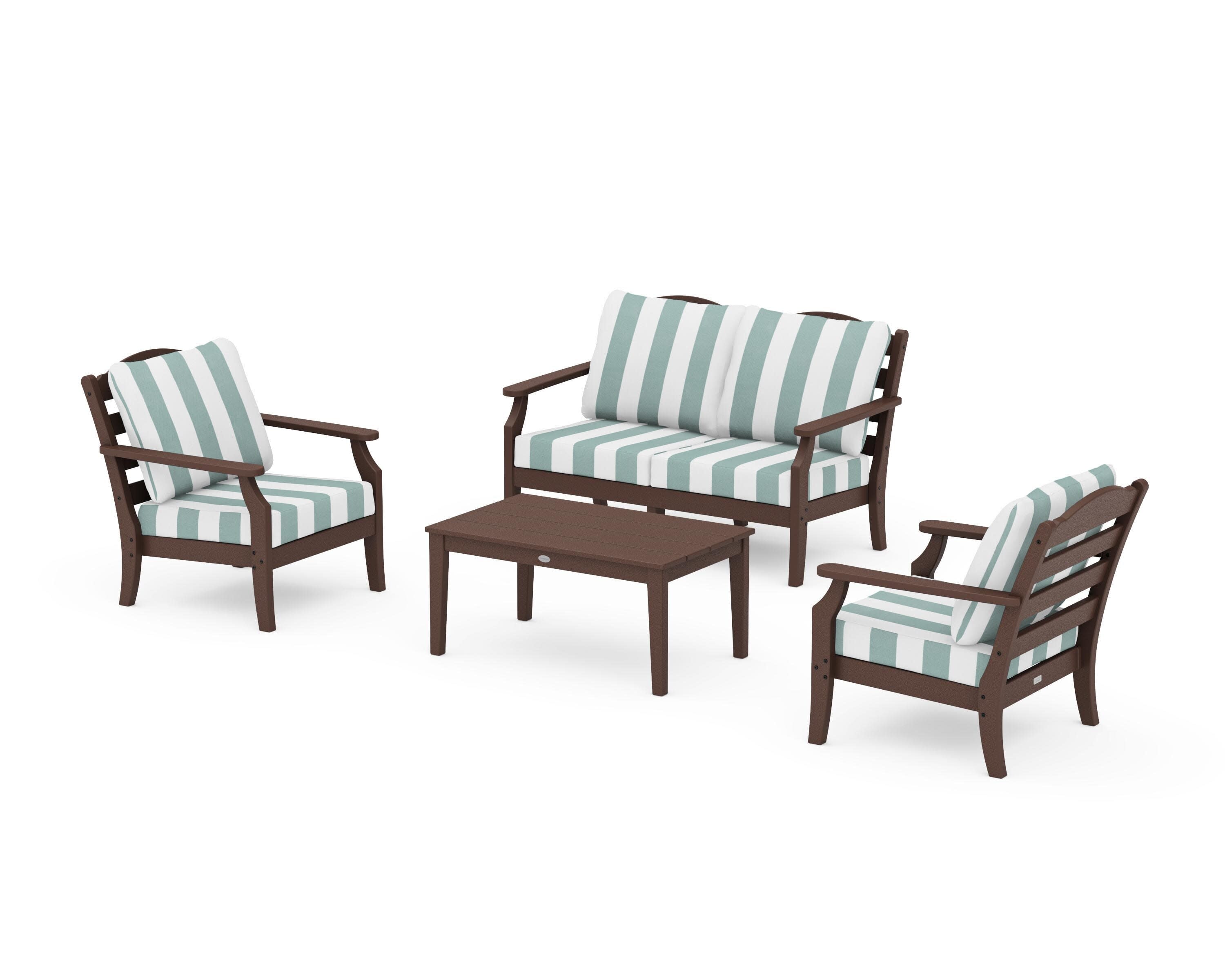 Savannah 4-Piece Deep Seating Set with Loveseat in Mahogany / Cabana Stripe Glacier Spa