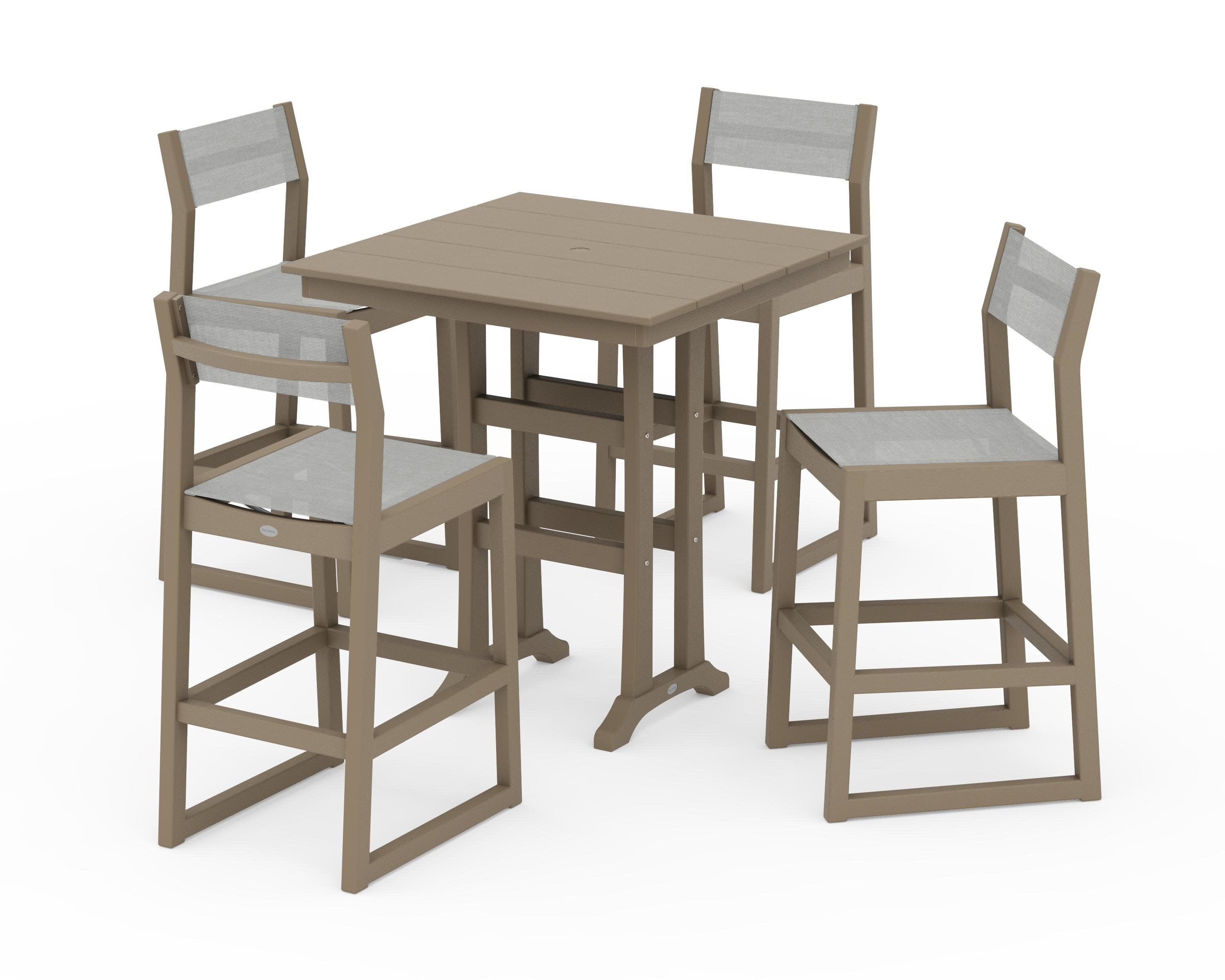 EDGE Sling Arm Chair 5-Piece Farmhouse Bar Set with Trestle Legs in Vintage Sahara / Metallic Sling