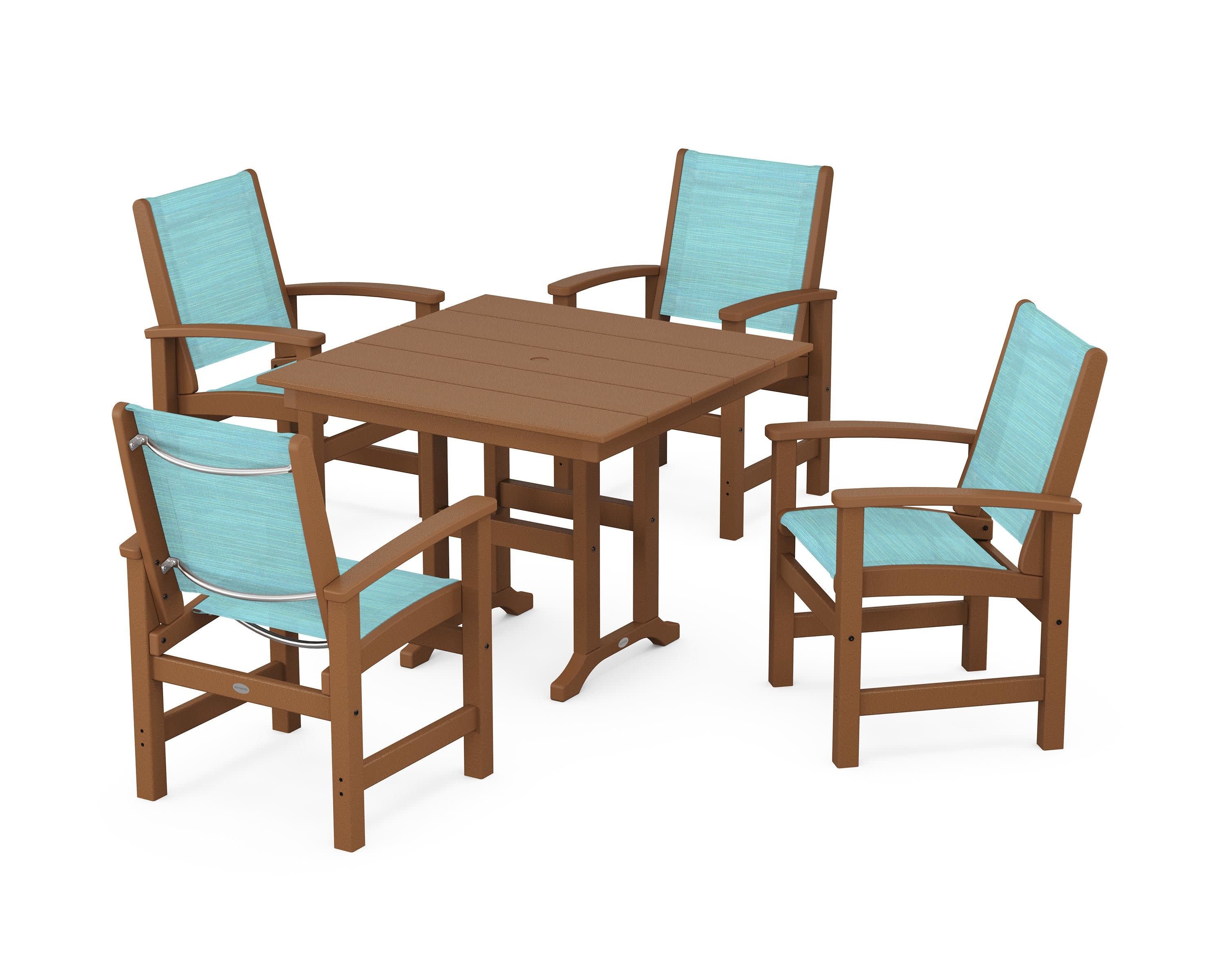Coastal 5-Piece Farmhouse Dining Set in Teak / Dupioni Aquamarine Sling