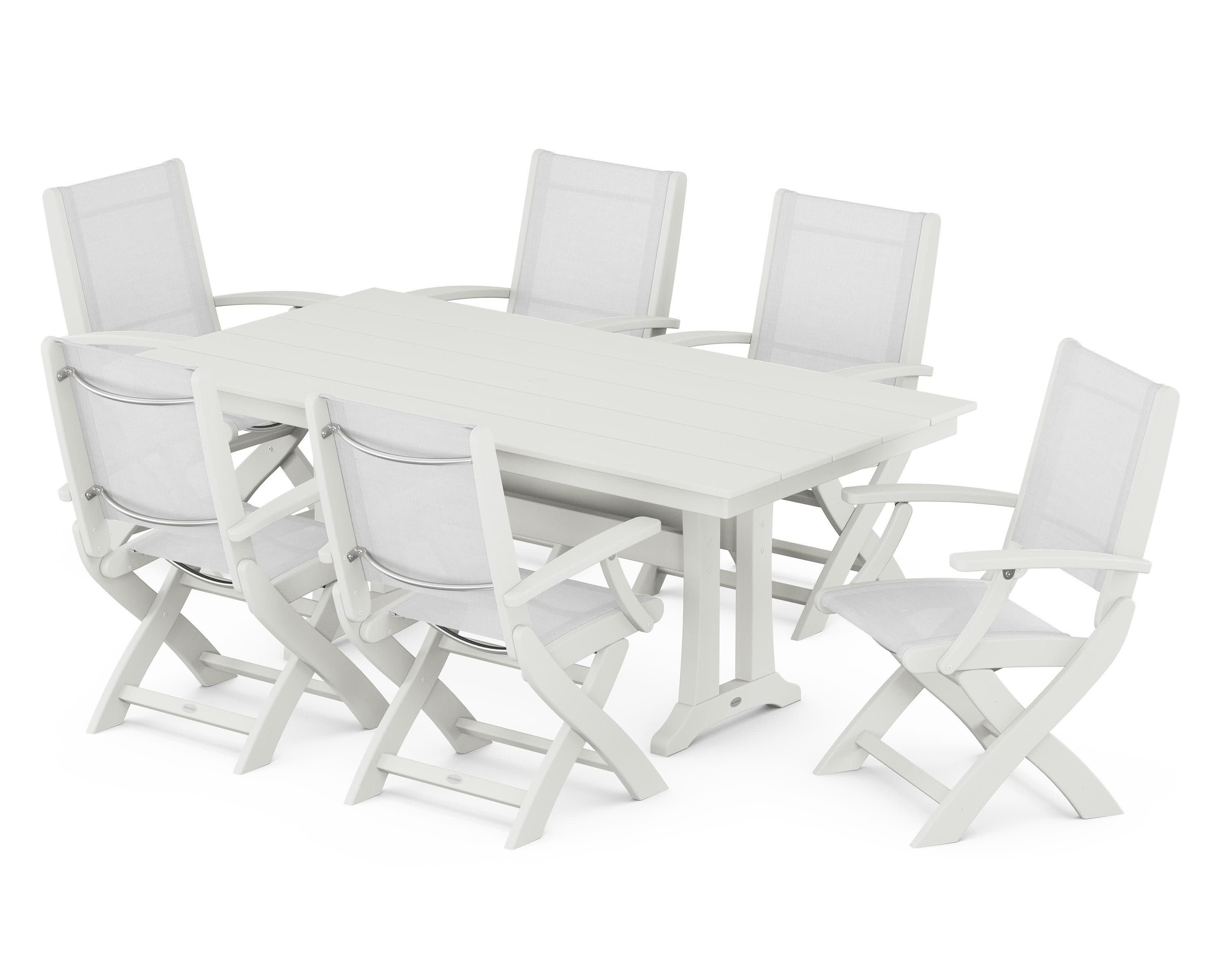 Coastal Folding Arm Chair 7-Piece Farmhouse Dining Set with Trestle Legs in Vintage White / White Sling