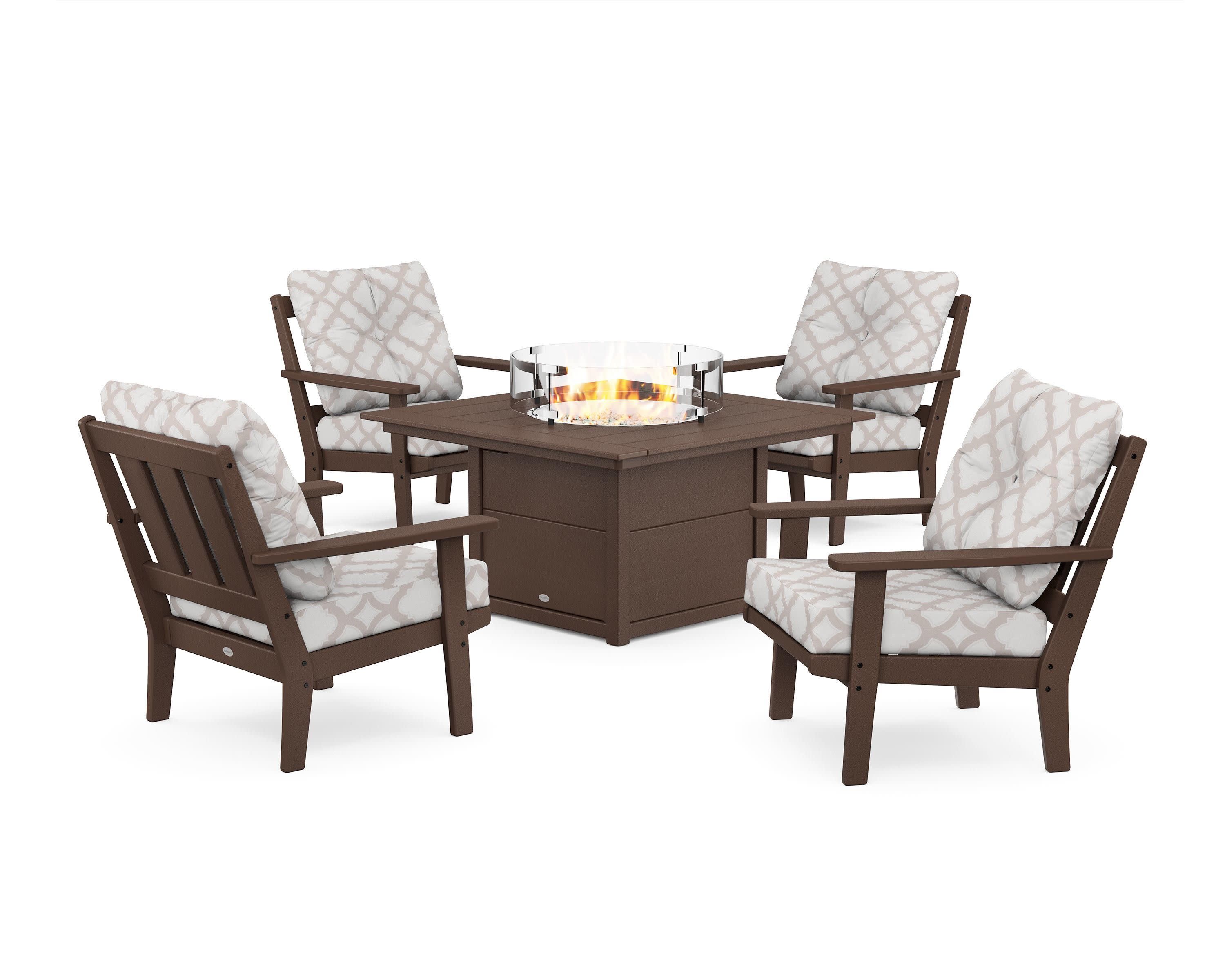 Oxford 5-Piece Deep Seating Set with Fire Pit Table in Mahogany / Trellis Dune Burlap