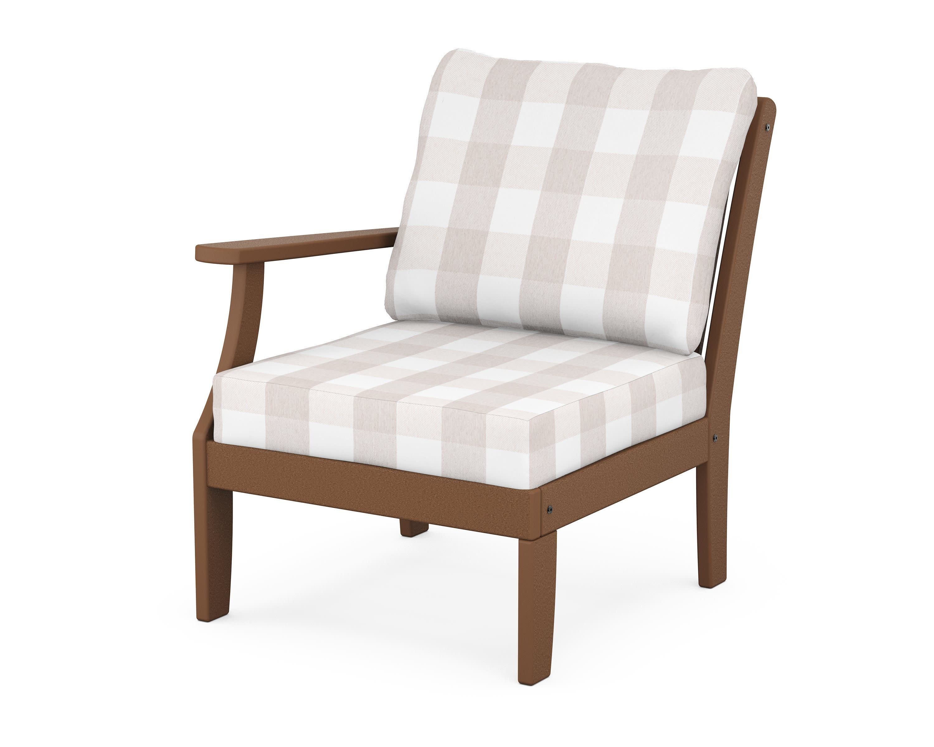 Braxton Modular Left Arm Chair in Teak / Buffalo Plaid Dune Burlap