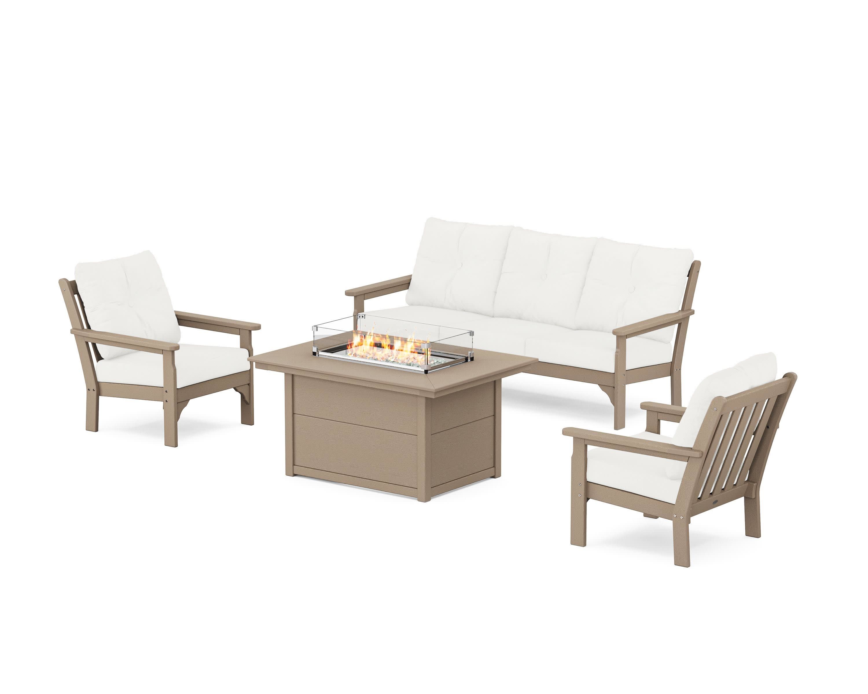 Vineyard Deep Seating Fire Pit Table Set in Vintage Sahara / Natural Linen