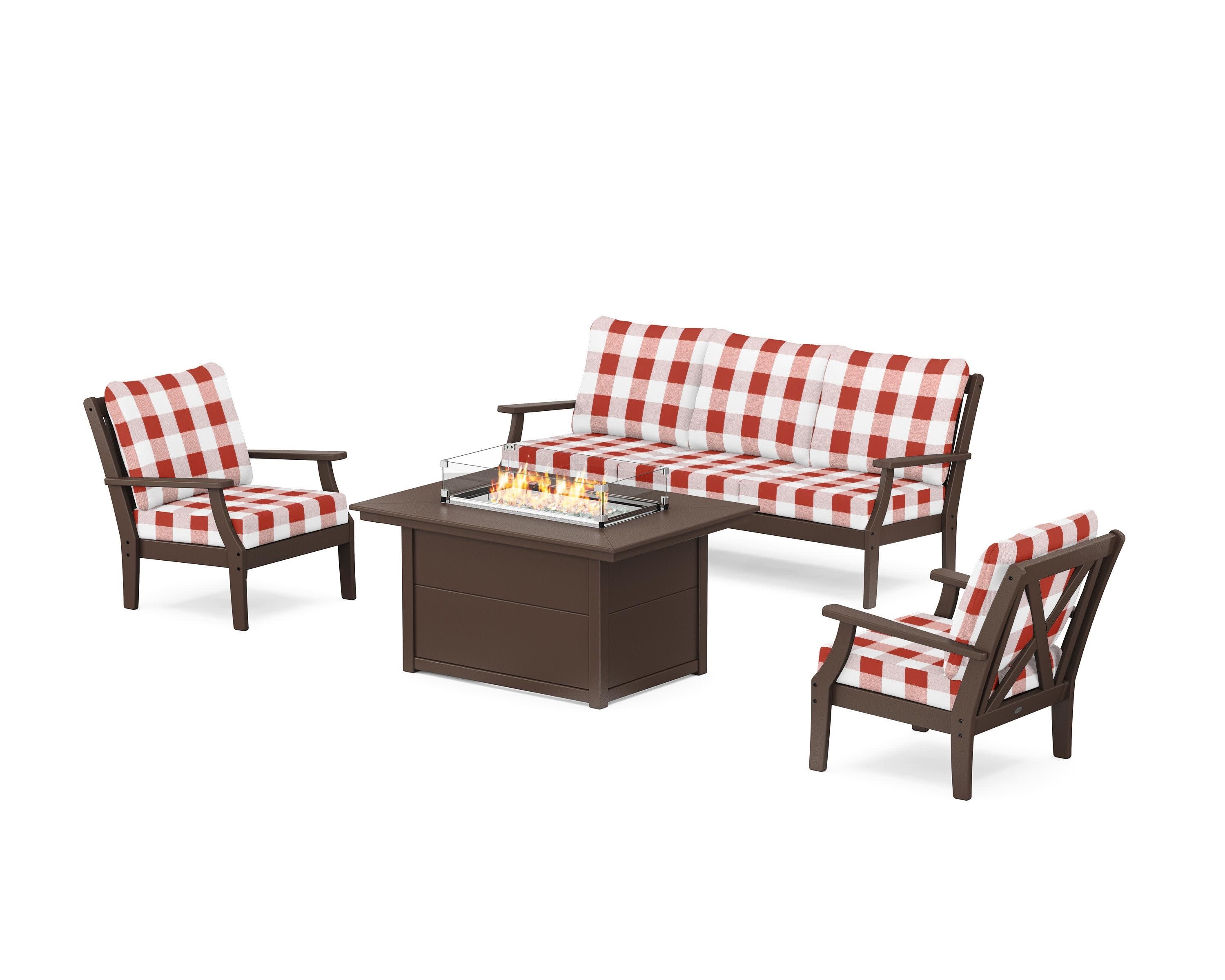 Braxton Deep Seating Fire Pit Table Set in Mahogany / Buffalo Plaid Crimson