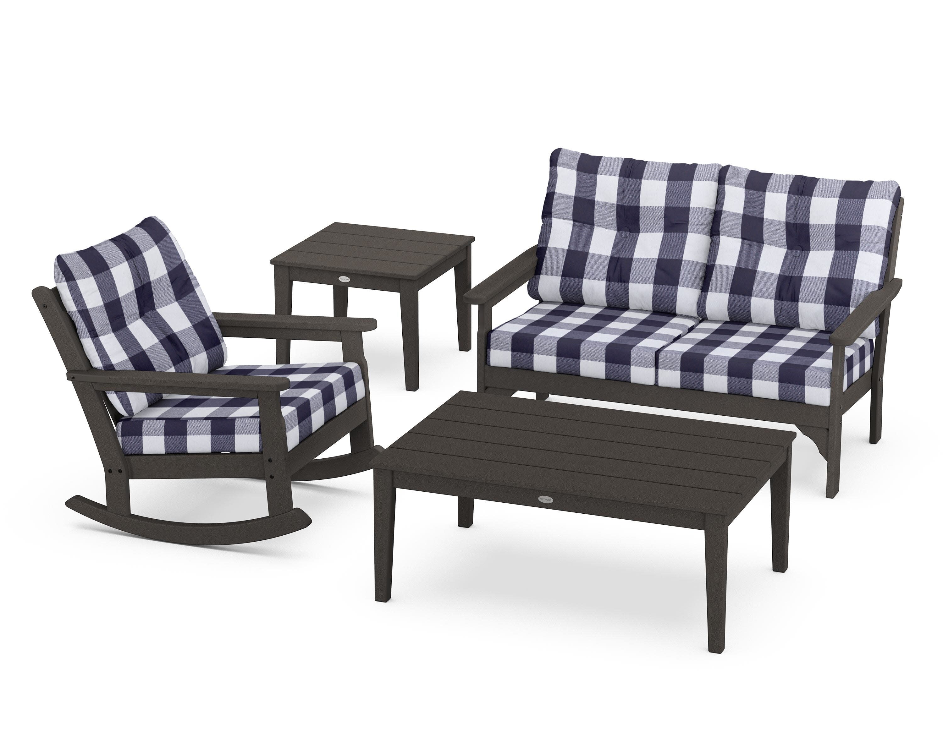 Vineyard 4-Piece Deep Seating Rocker Set in Vintage Coffee / Buffalo Plaid Navy