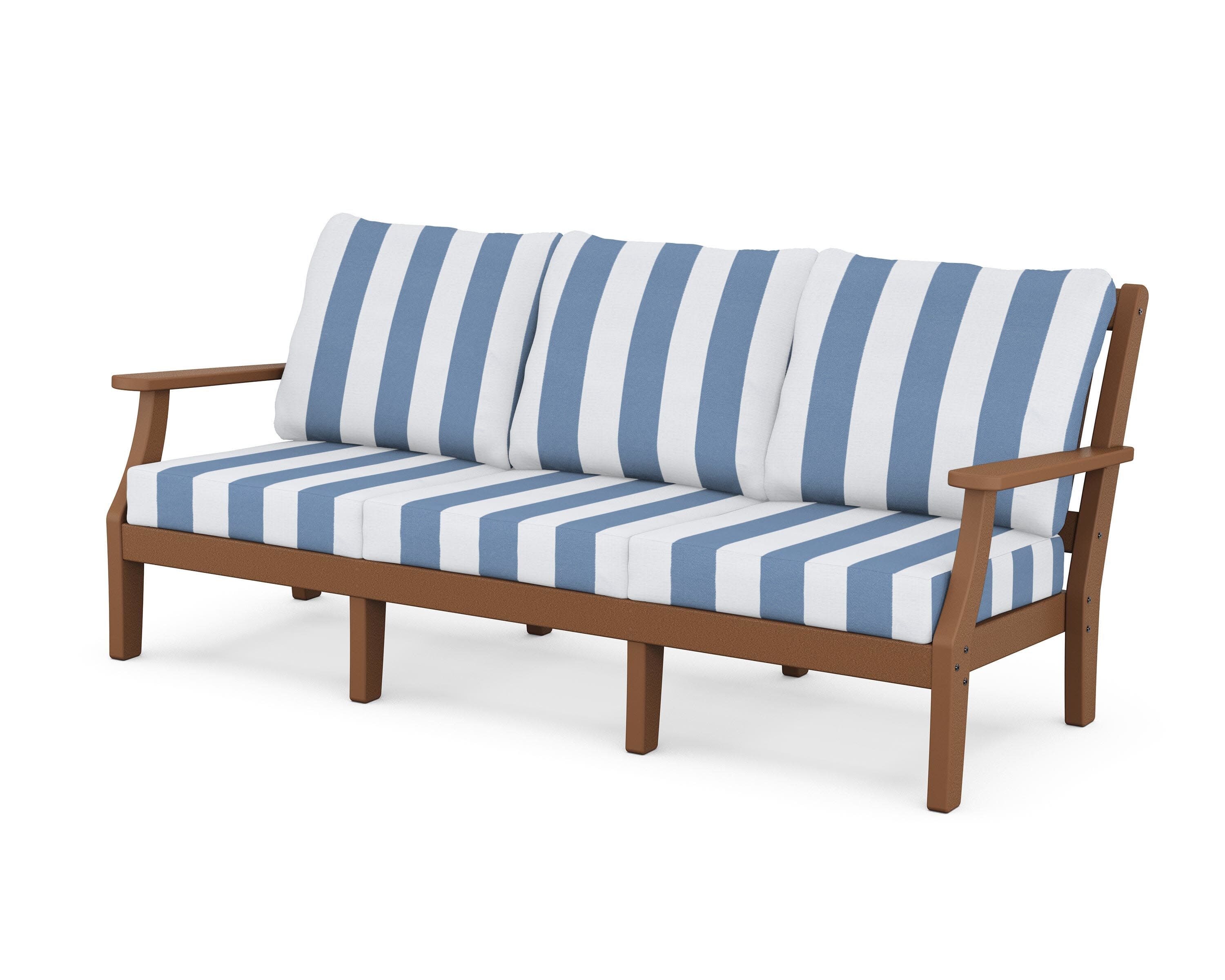 Chinoiserie Deep Seating Sofa in Teak / Cabana Stripe Sky Blue