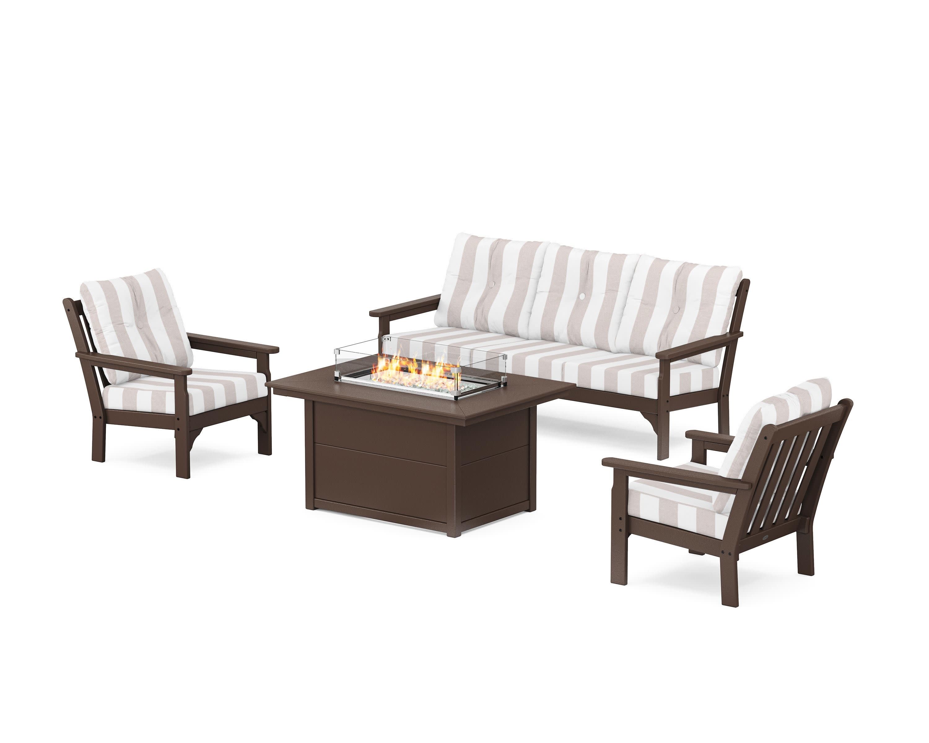 Vineyard Deep Seating Fire Pit Table Set in Mahogany / Cabana Stripe Dune Burlap