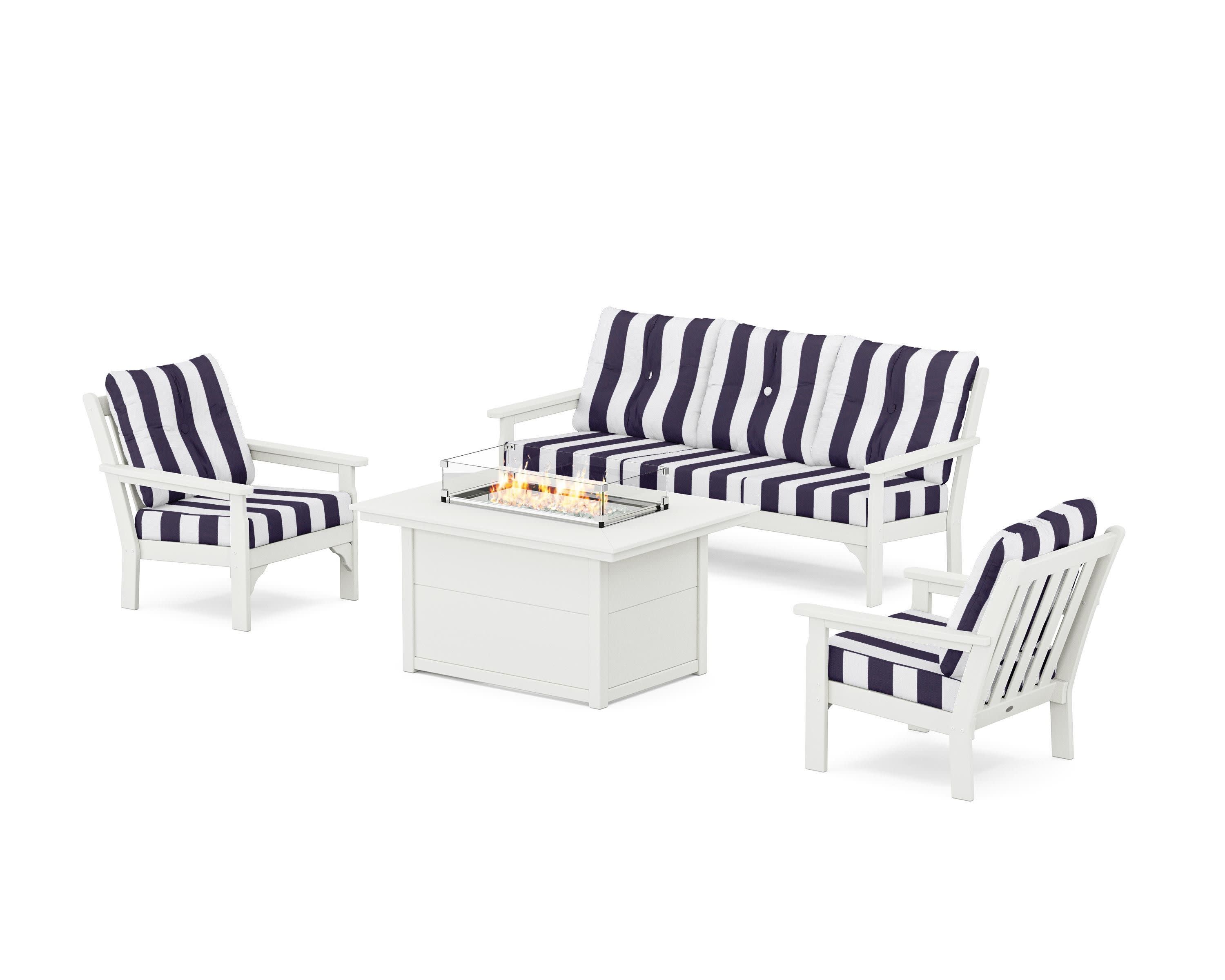 Vineyard Deep Seating Fire Pit Table Set in Vintage White / Cabana Stripe Navy