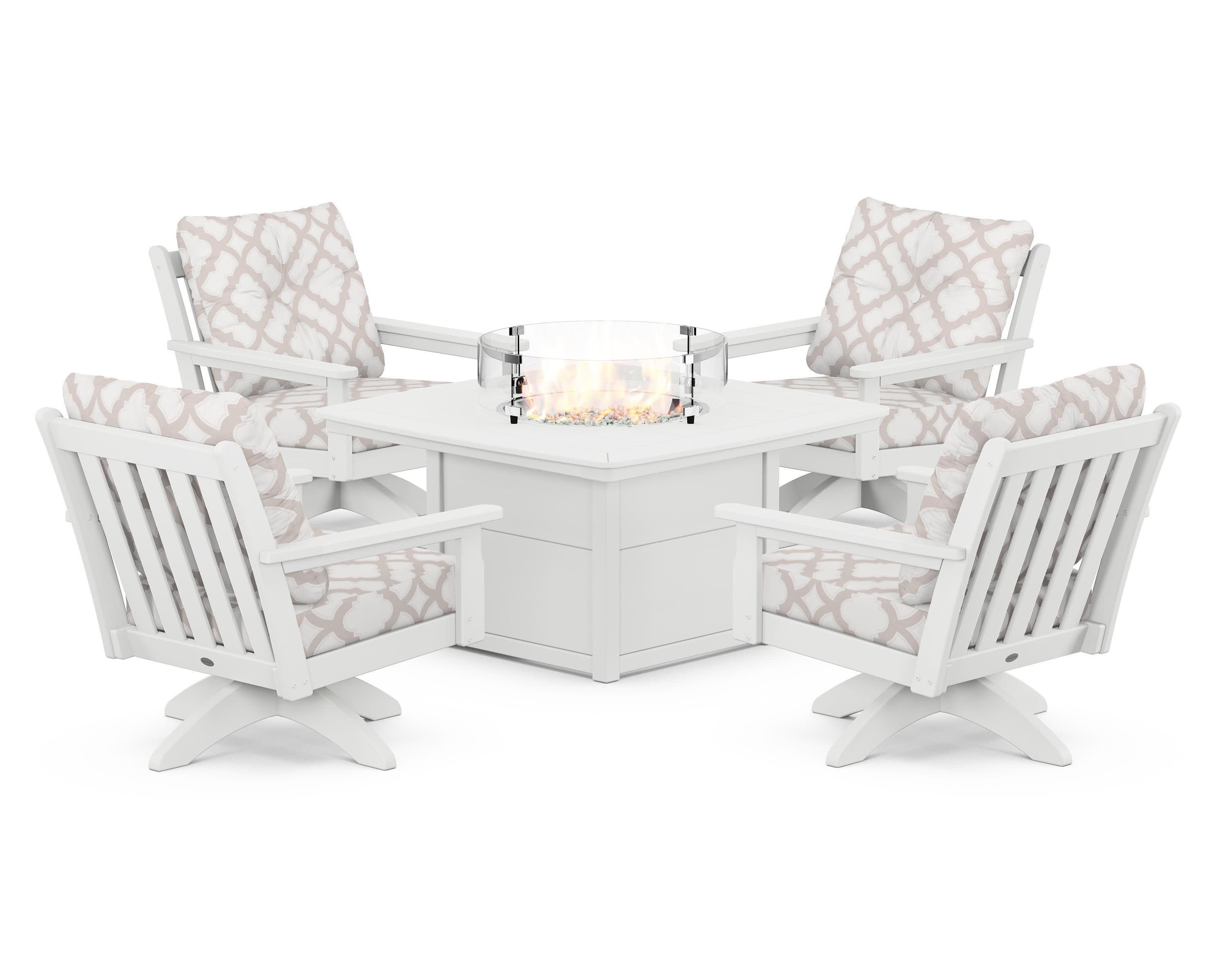 Vineyard 5-Piece Deep Seating Swivel Conversation Set with Fire Pit Table in White / Trellis Dune Burlap