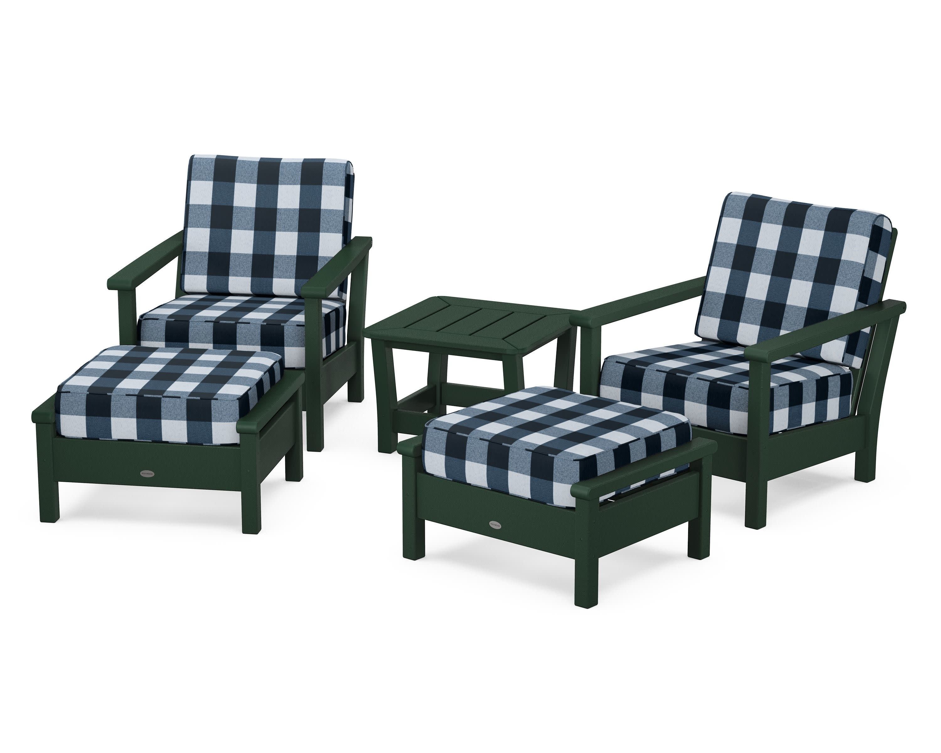 Harbour 5-Piece Deep Seating Chair Set in Green / Buffalo Plaid Marine Indigo