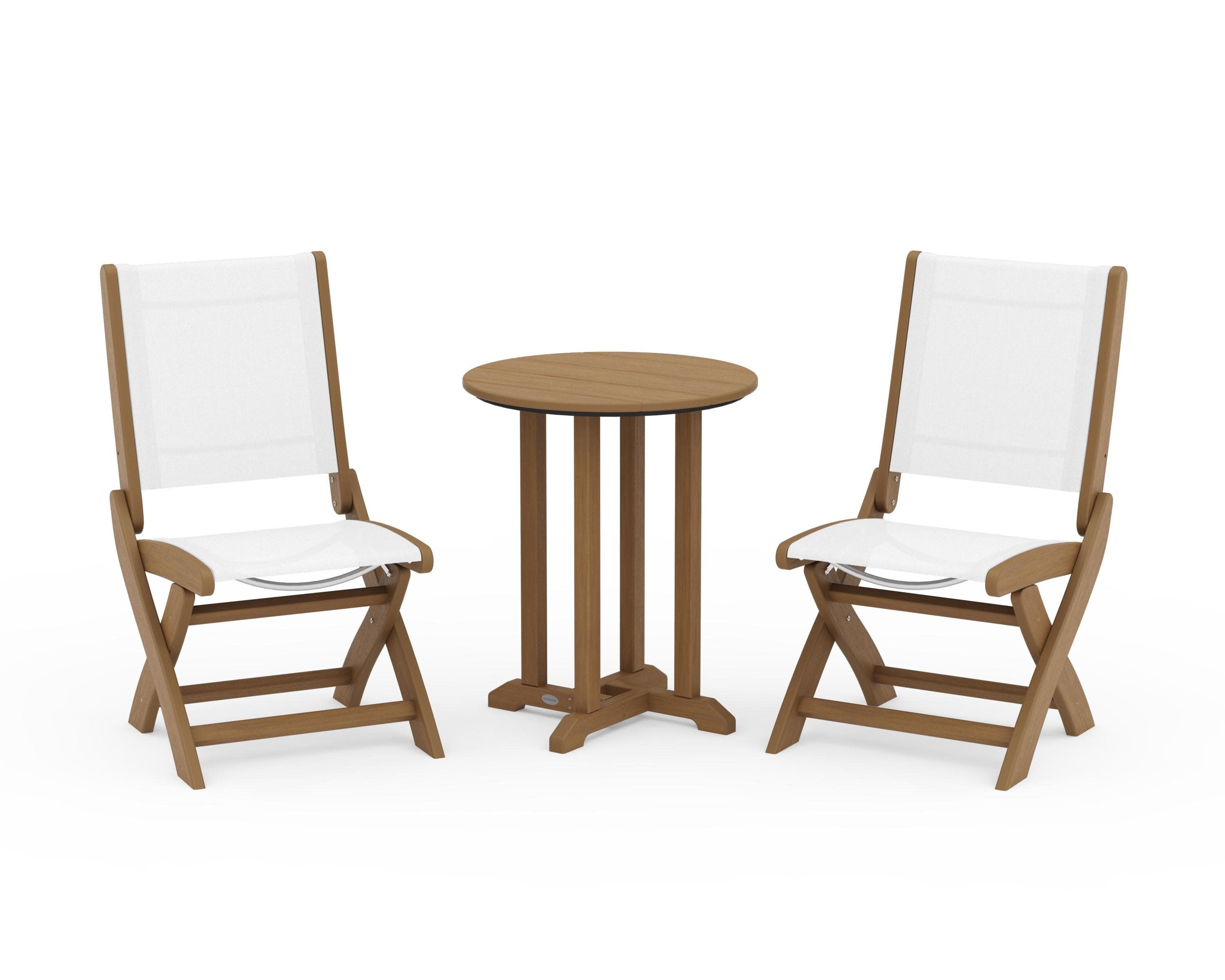 Coastal Folding Side Chair 3-Piece Round Bistro Dining Set in Natural / White Sling