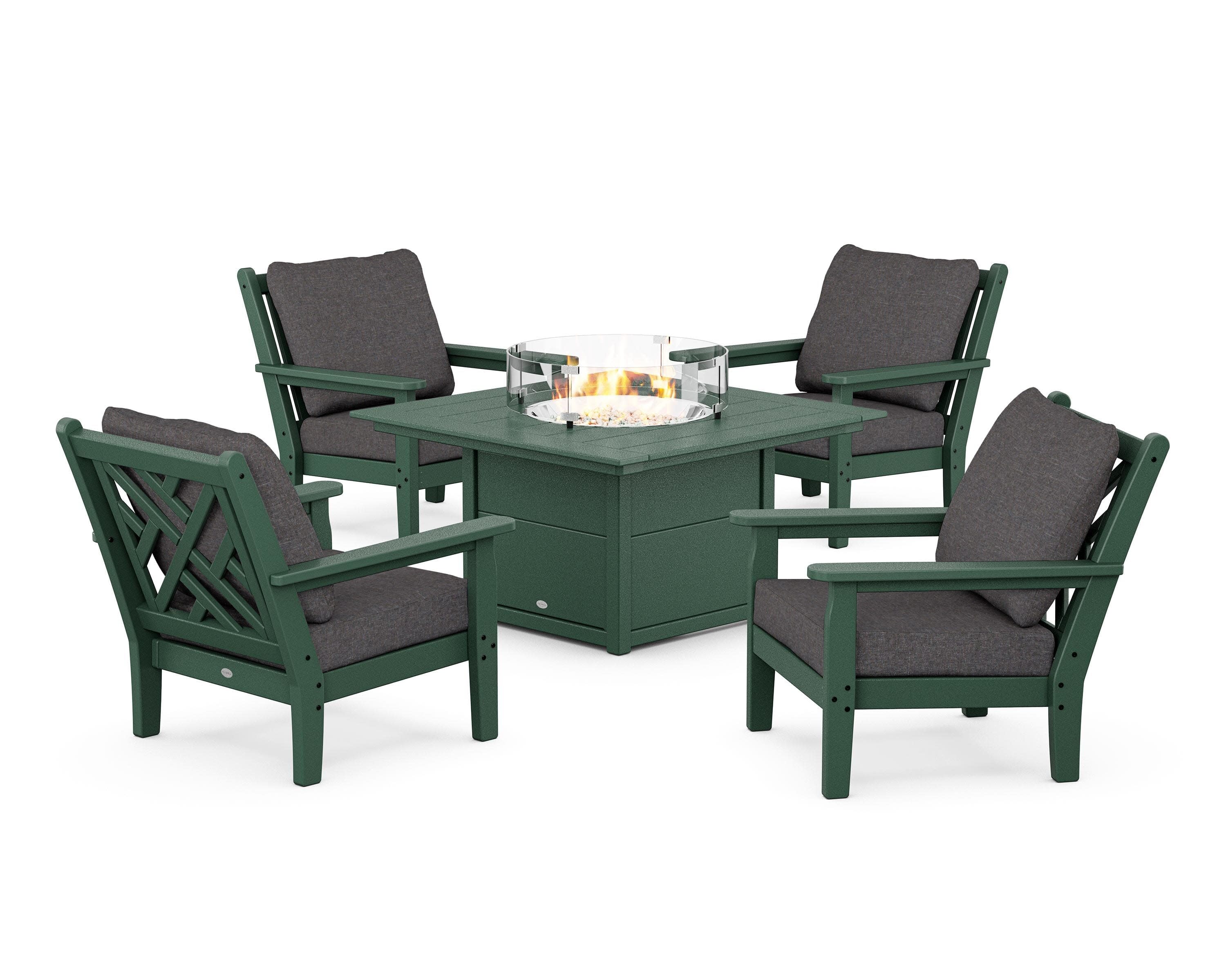 Chippendale 5-Piece Deep Seating Set with Fire Pit Table in Green / Ash Charcoal