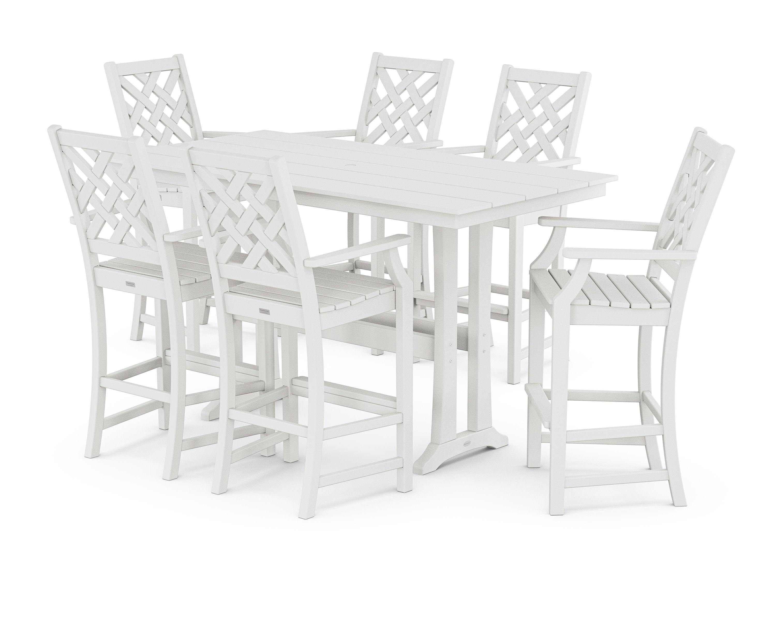 Wovendale Arm Chair 7-Piece Farmhouse Bar Set with Trestle Legs in White