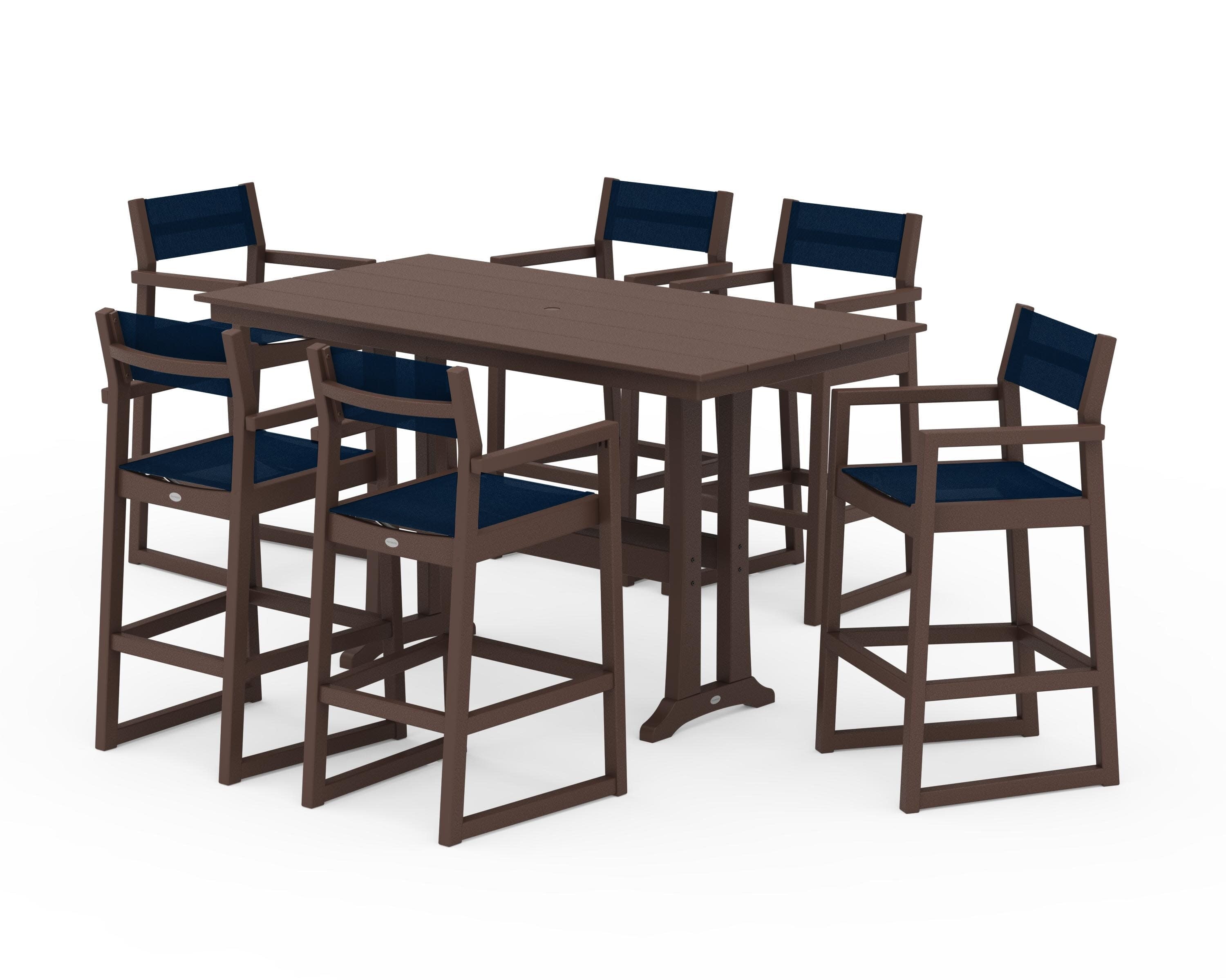 EDGE Sling Arm Chair 7-Piece Farmhouse Bar Set with Trestle Legs in Mahogany / Navy Blue Sling